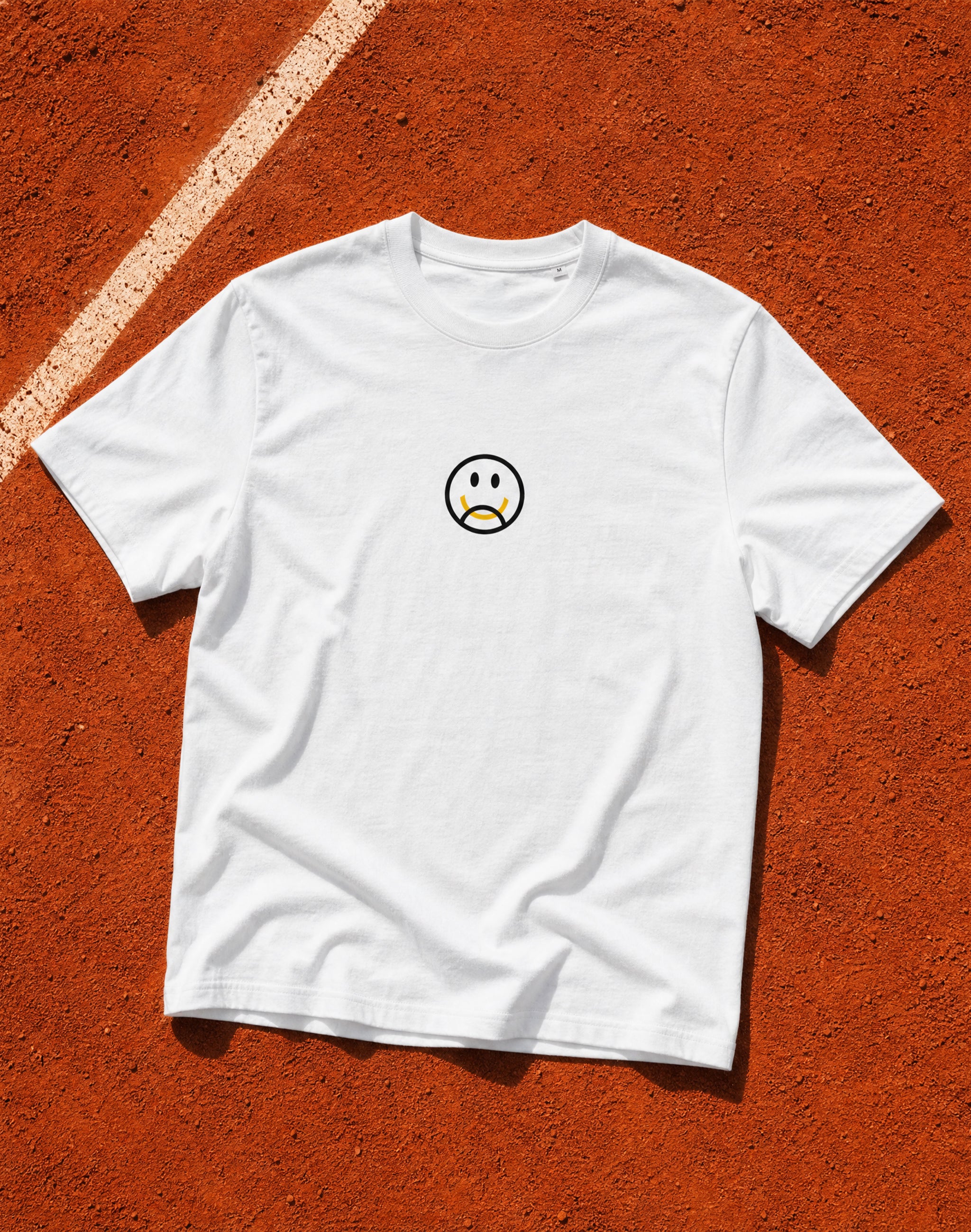 Happy Camper T-Shirt chest print on clay tennis court french open — PERAMA Classics