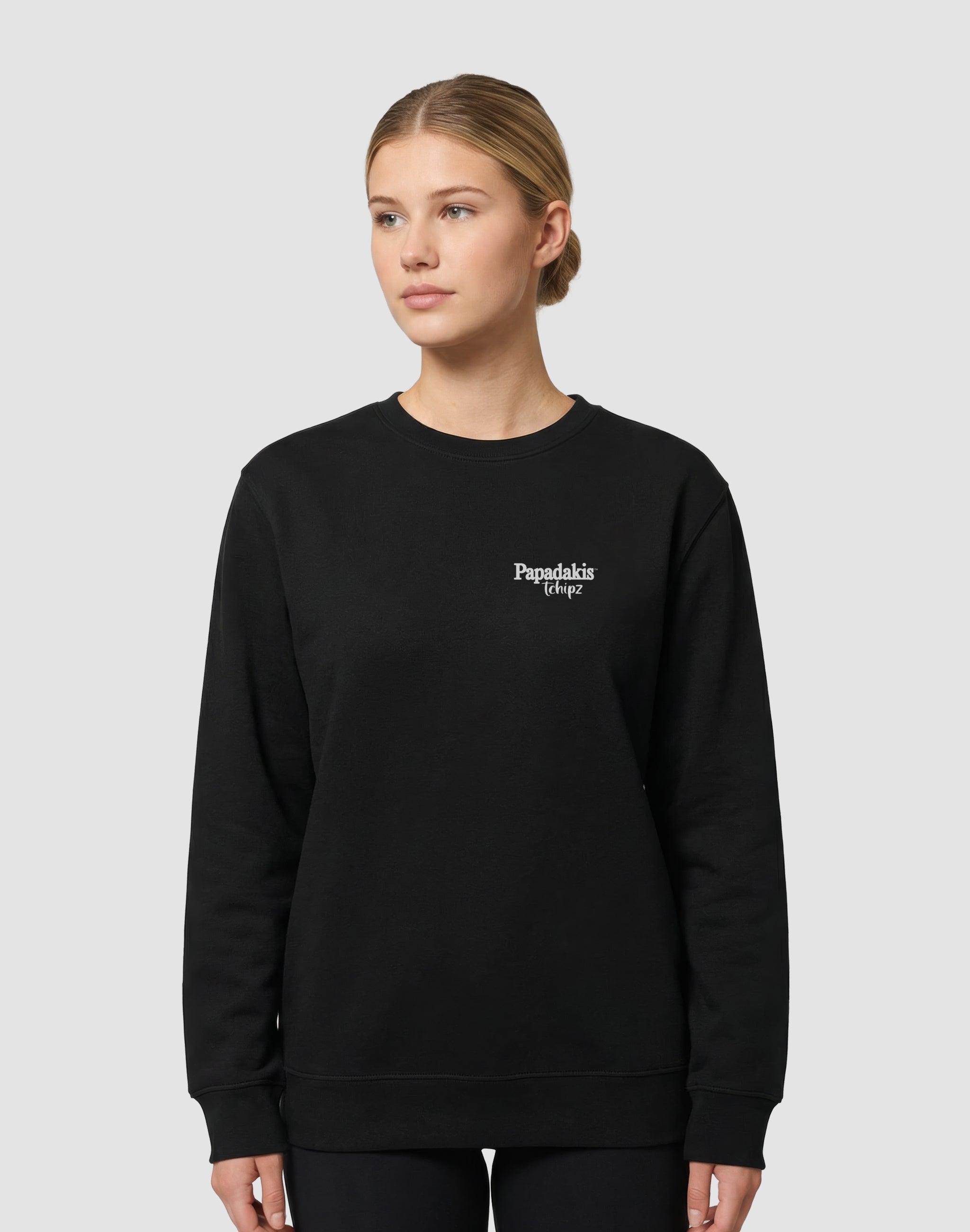 Papadakis Tchipz sweatshirt black chest print sponsor worn by female model — PERAMA Sponsors
