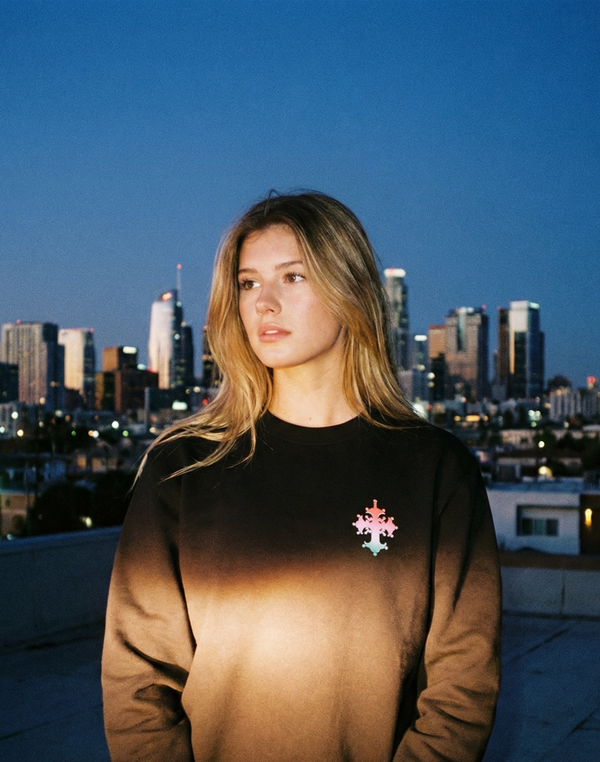 Sima 01 black sweatshirt rooftop city backdrop flash photography dusk — PERAMA Classics
