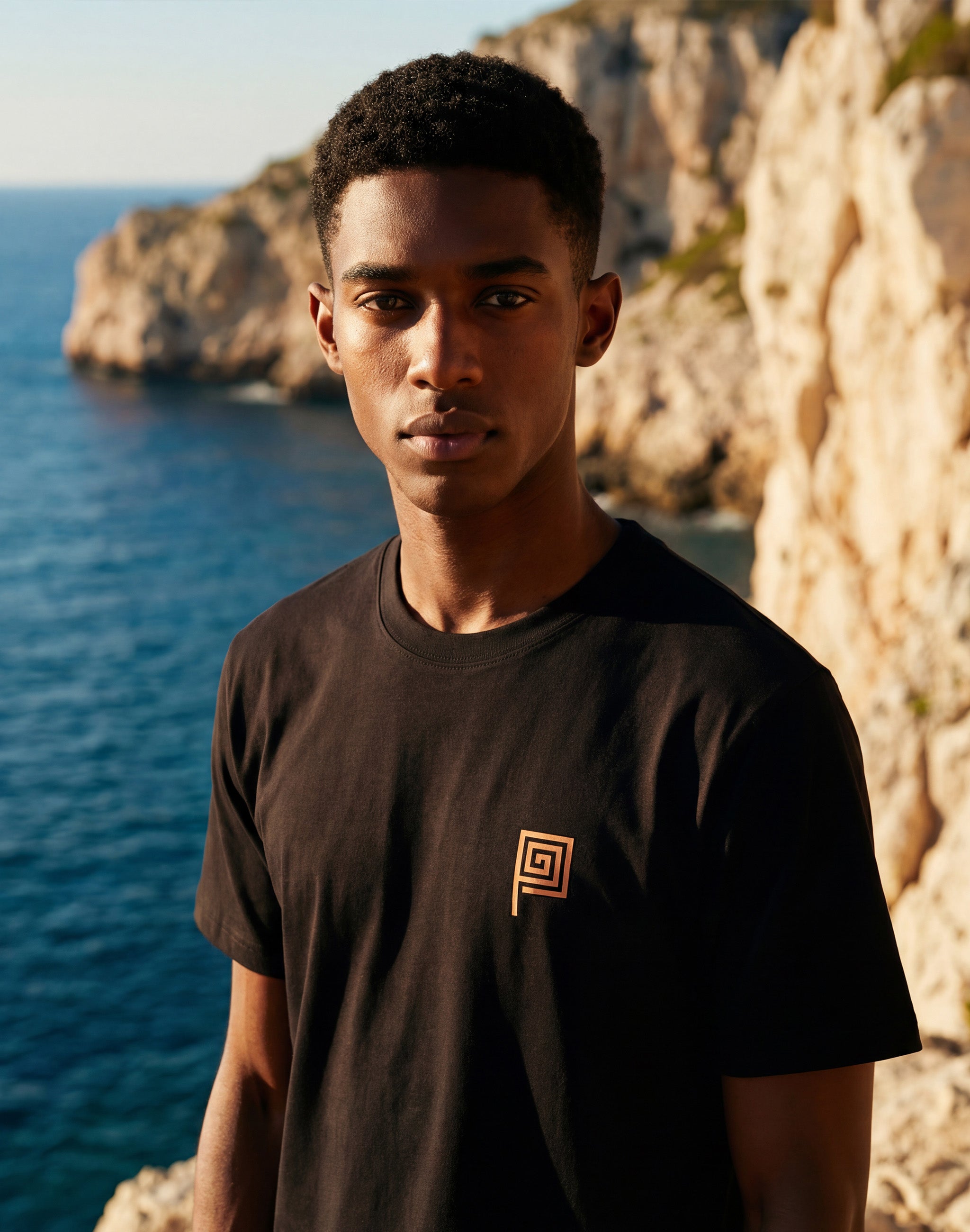 The Meander black t-shirt worn by male model at coastal cliffs — PERAMA Classics