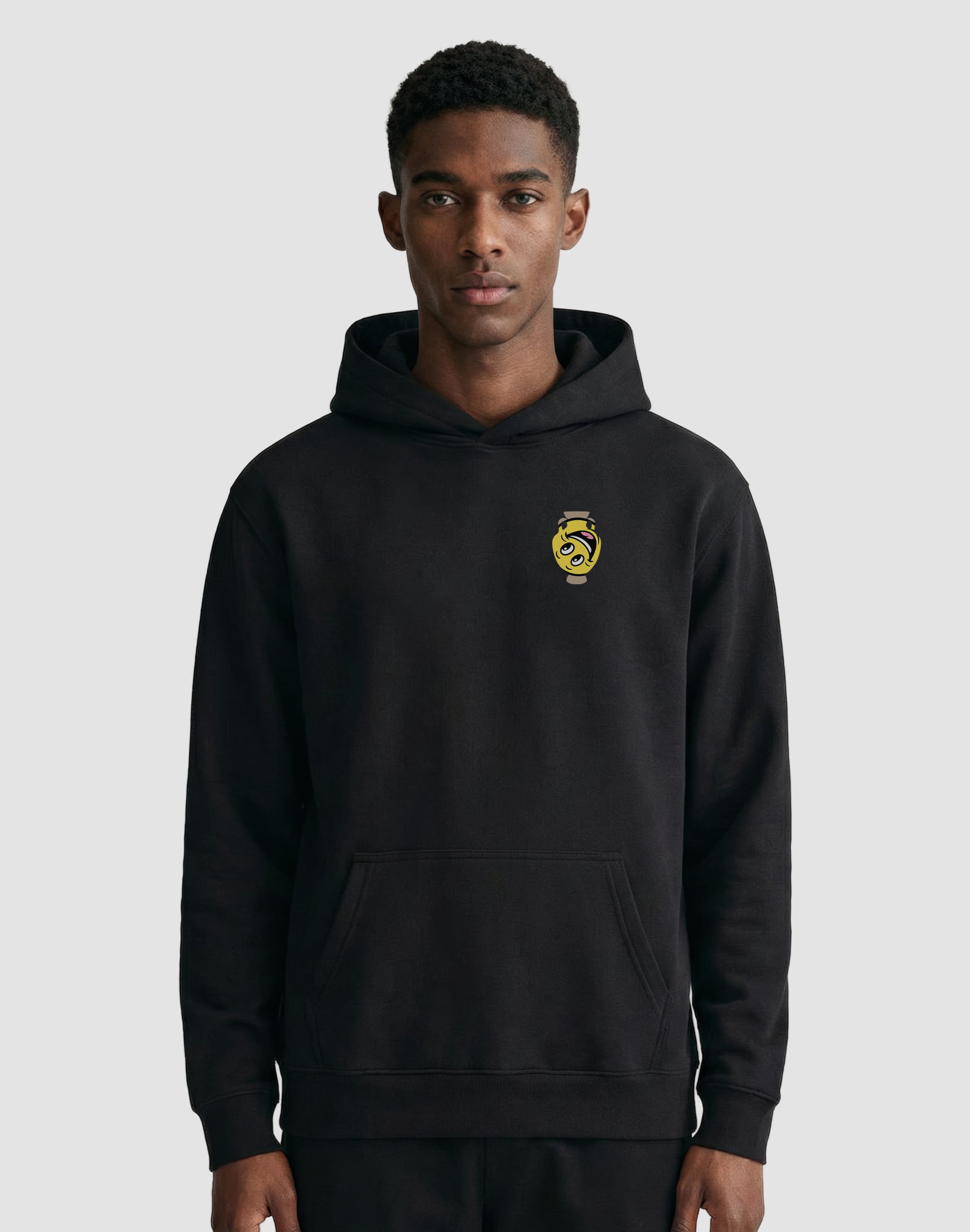 Amphora 07 black Hoodie smiley worn by male model — PERAMA Odyssey