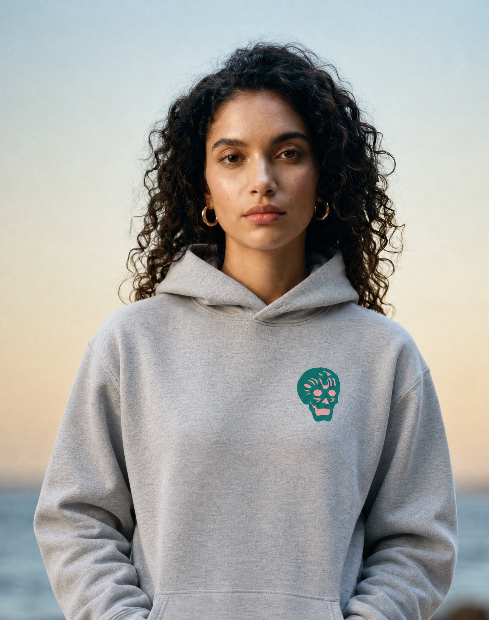 Breakpoint Hoodie Green + Pink Hoodie - front - athletic heather worn by female model at sunset — PERAMA Classics