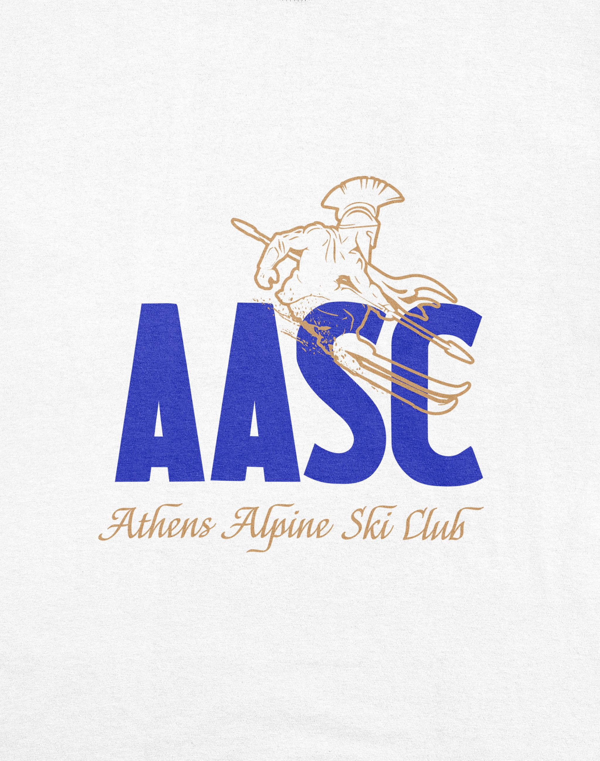 A close-up of a white fabric surface featuring a printed graphic with the large blue letters 'AASC' and a gold outline illustration of a spartan skier jumping over the letters, with 'Athens Alpine Ski Club' written below in gold script. — PERAMA Federation