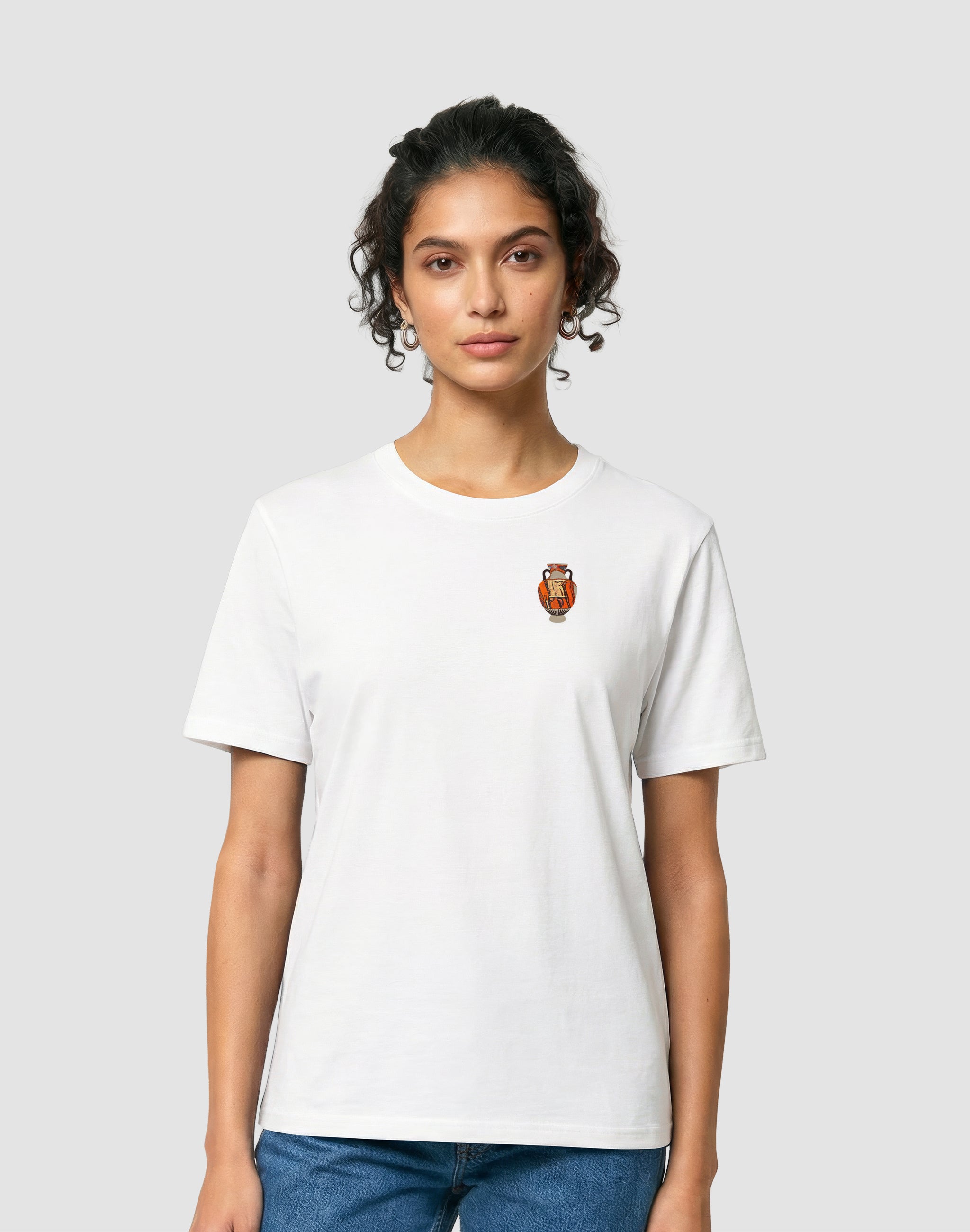 Amphora 06 T-Shirt white front print worn by female model — PERAMA Odyssey