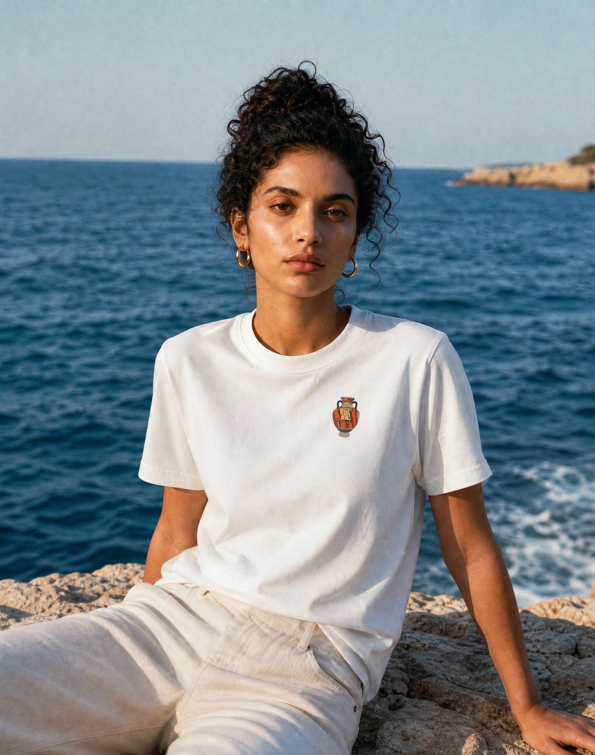 Amphora 06 T-Shirt white front print worn by female model greek coast — PERAMA Odyssey