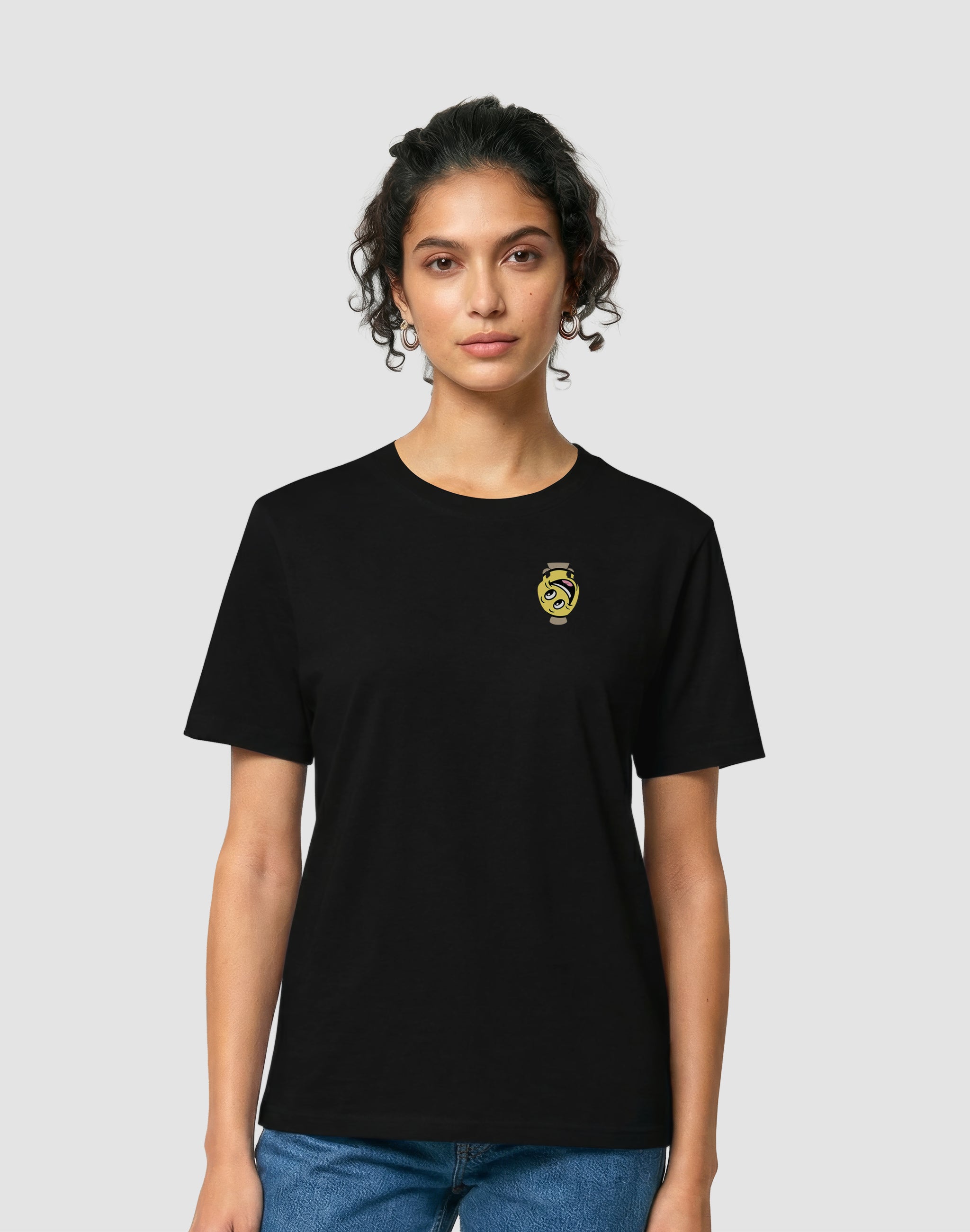 Amphora 07 T-Shirt white front print worn by female model — PERAMA Odyssey