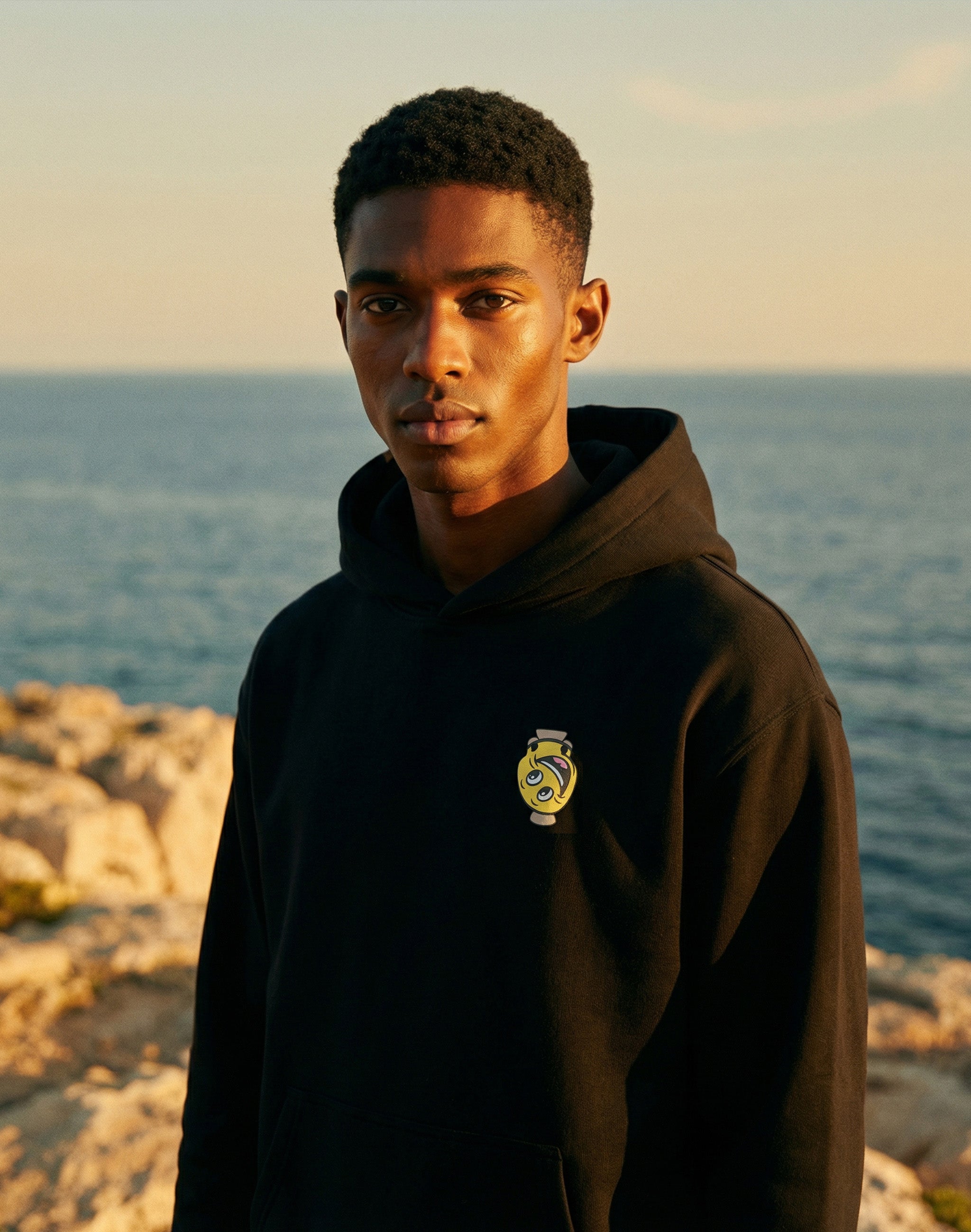 Amphora 07 black Hoodie smiley backdrop of ocean shot in Greece — PERAMA Odyssey
