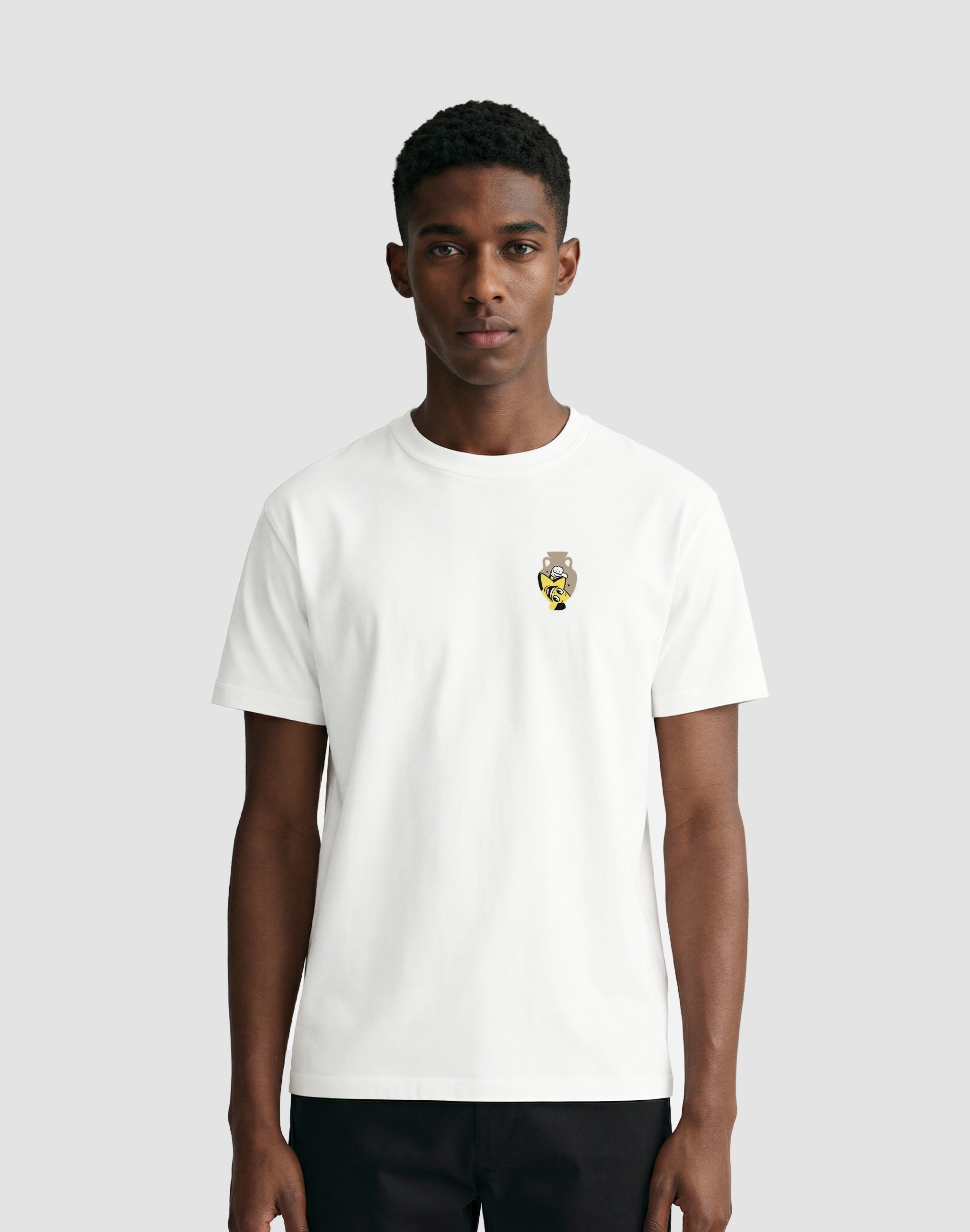 Amphora 09 T-Shirt white front print worn by male model — PERAMA Odyssey