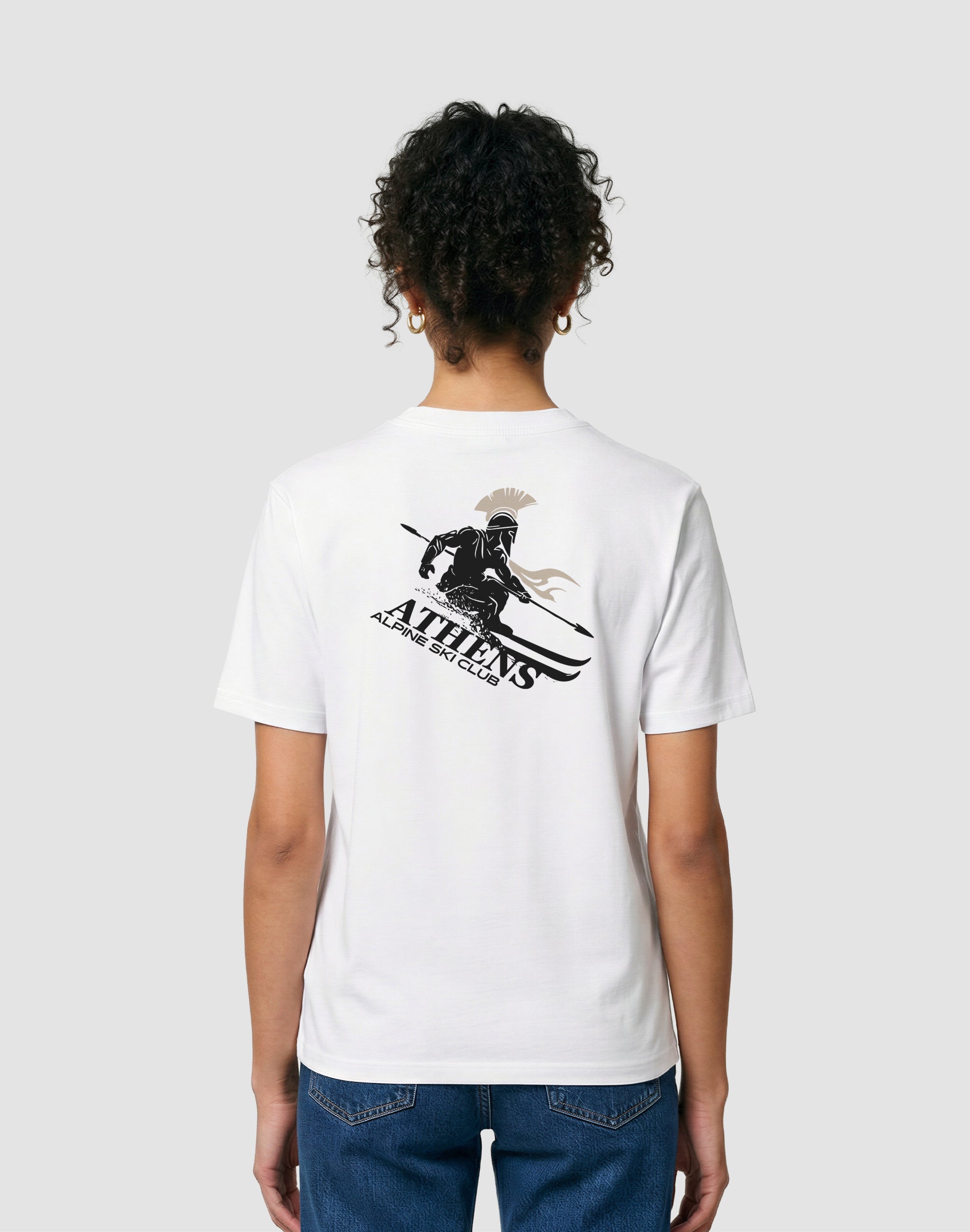 Athens Alpine Ski Club white t-shirt back print worn by female model — PERAMA Sports Federation