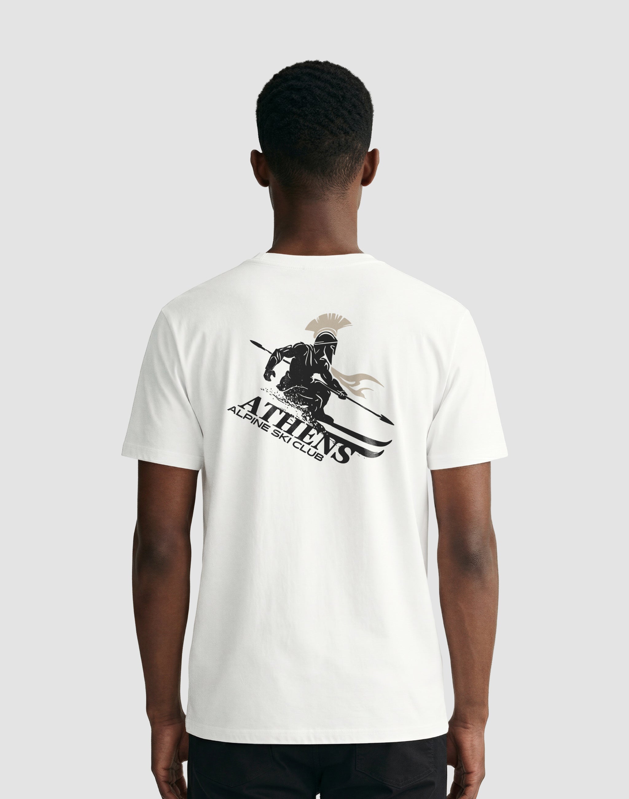 Athens Alpine Ski Club white t-shirt back print worn by male model — PERAMA Sports Federation