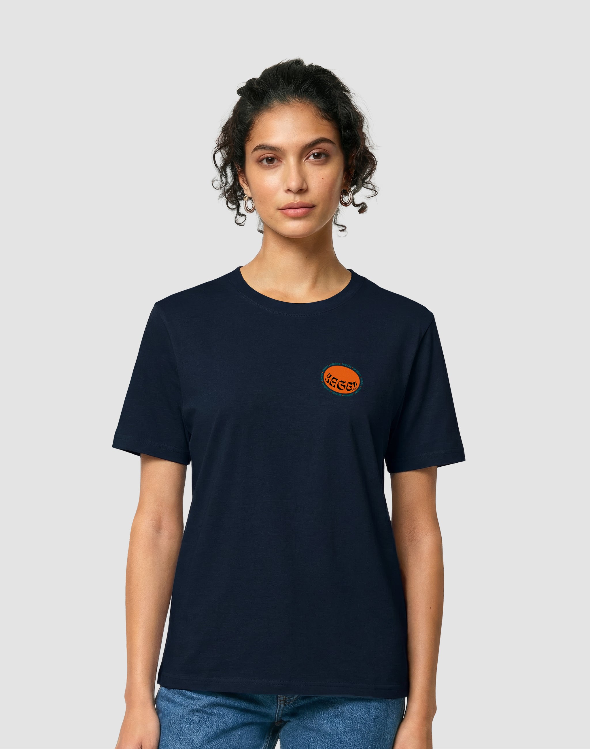 Bagel french navy T-Shirt worn by female model — PERAMA Classics