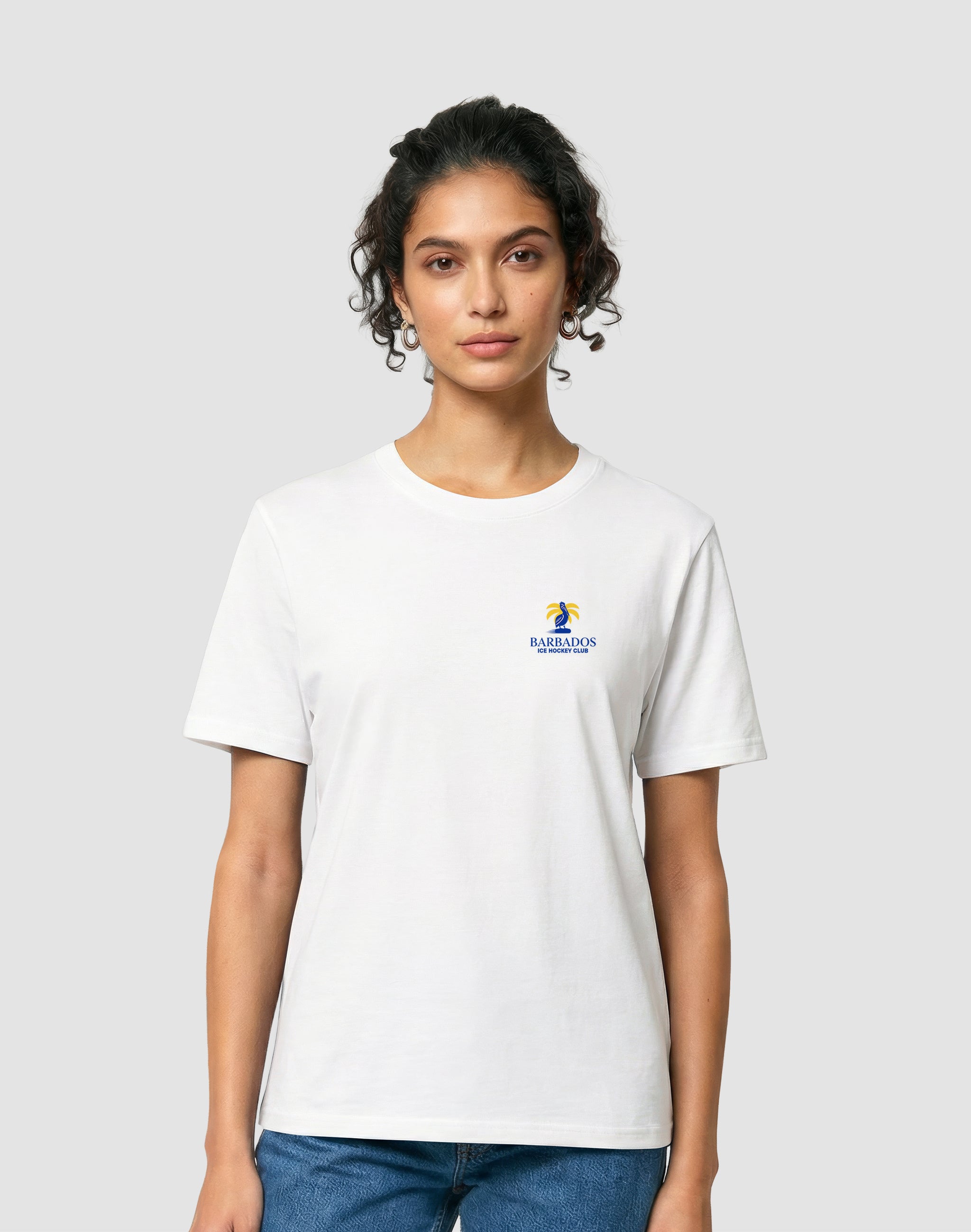 Barbados Ice Hockey Club white chest print worn by female model— PERAMA Federations