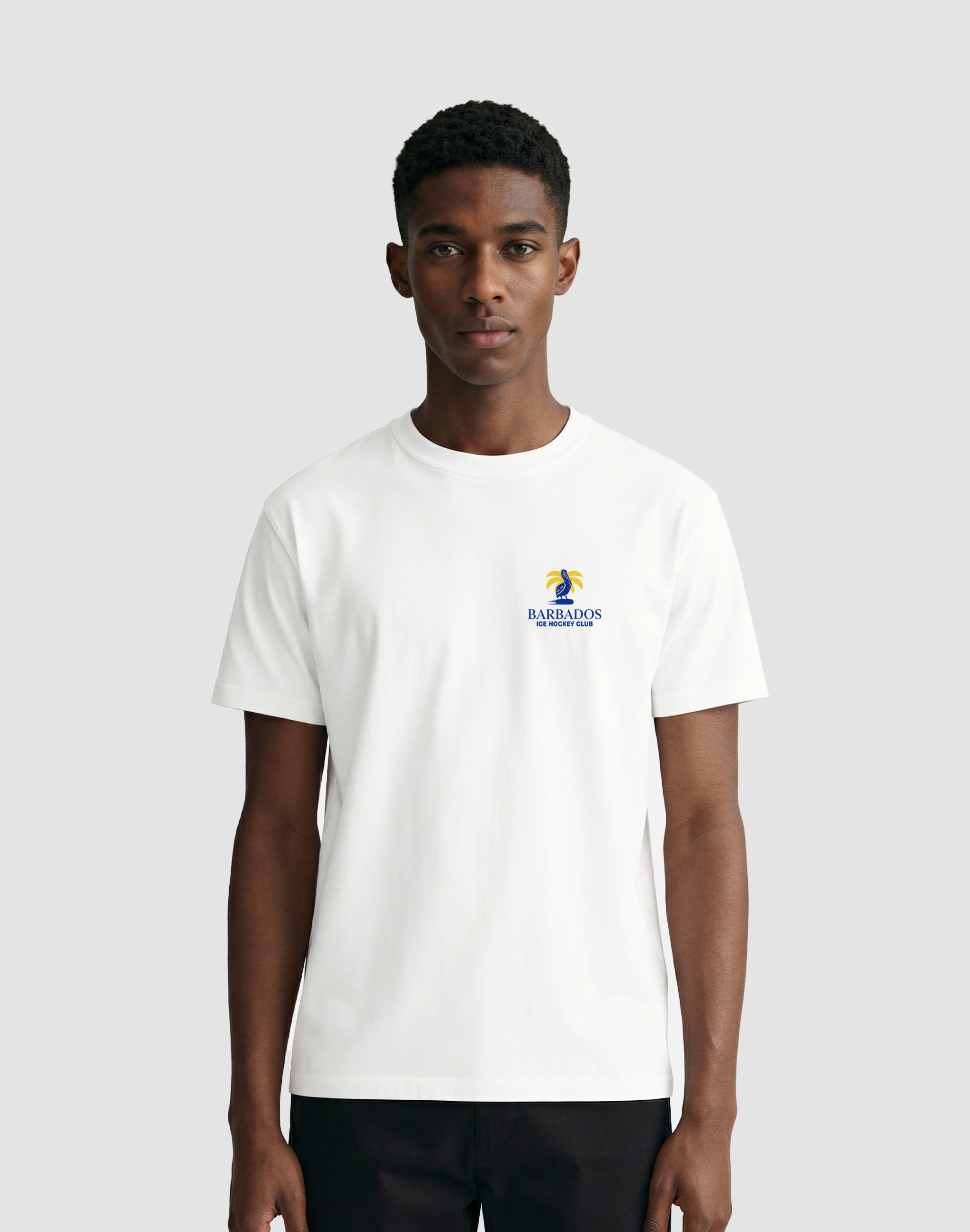 Barbados Ice Hockey Club white chest print worn by male model— PERAMA Federations