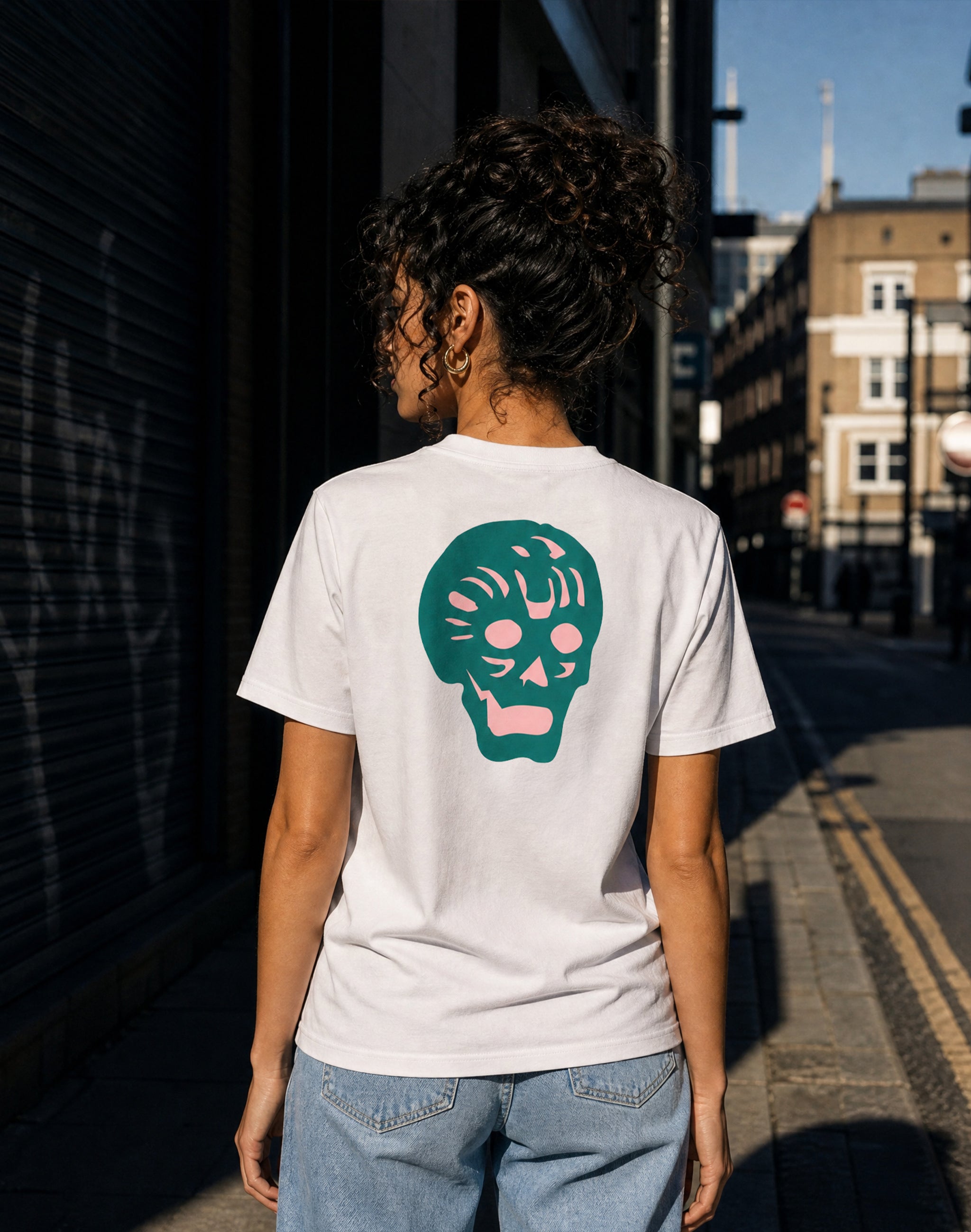 breakpoint-green-pink-black back T Shirt worn by female model in London — PERAMA Classics