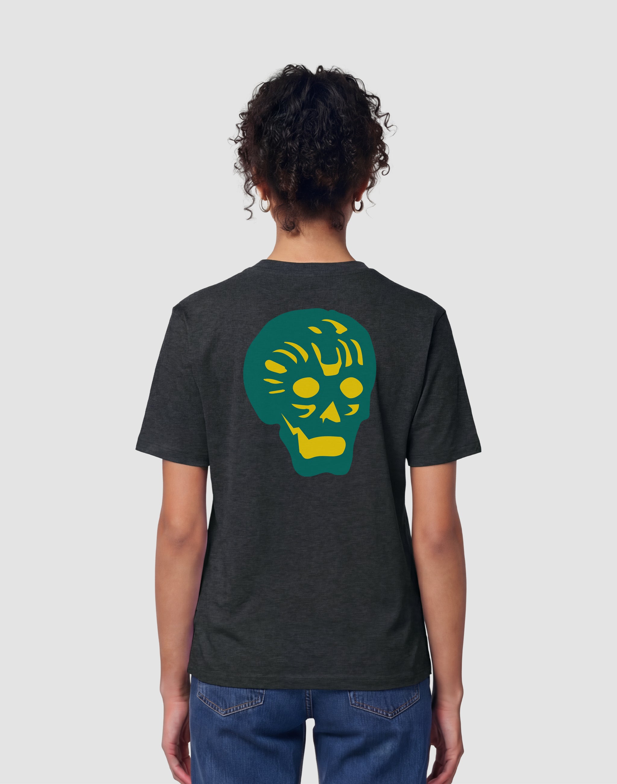 Breakpoint yellow and green back print T-shirt worn by female model — PERAMA Classics
