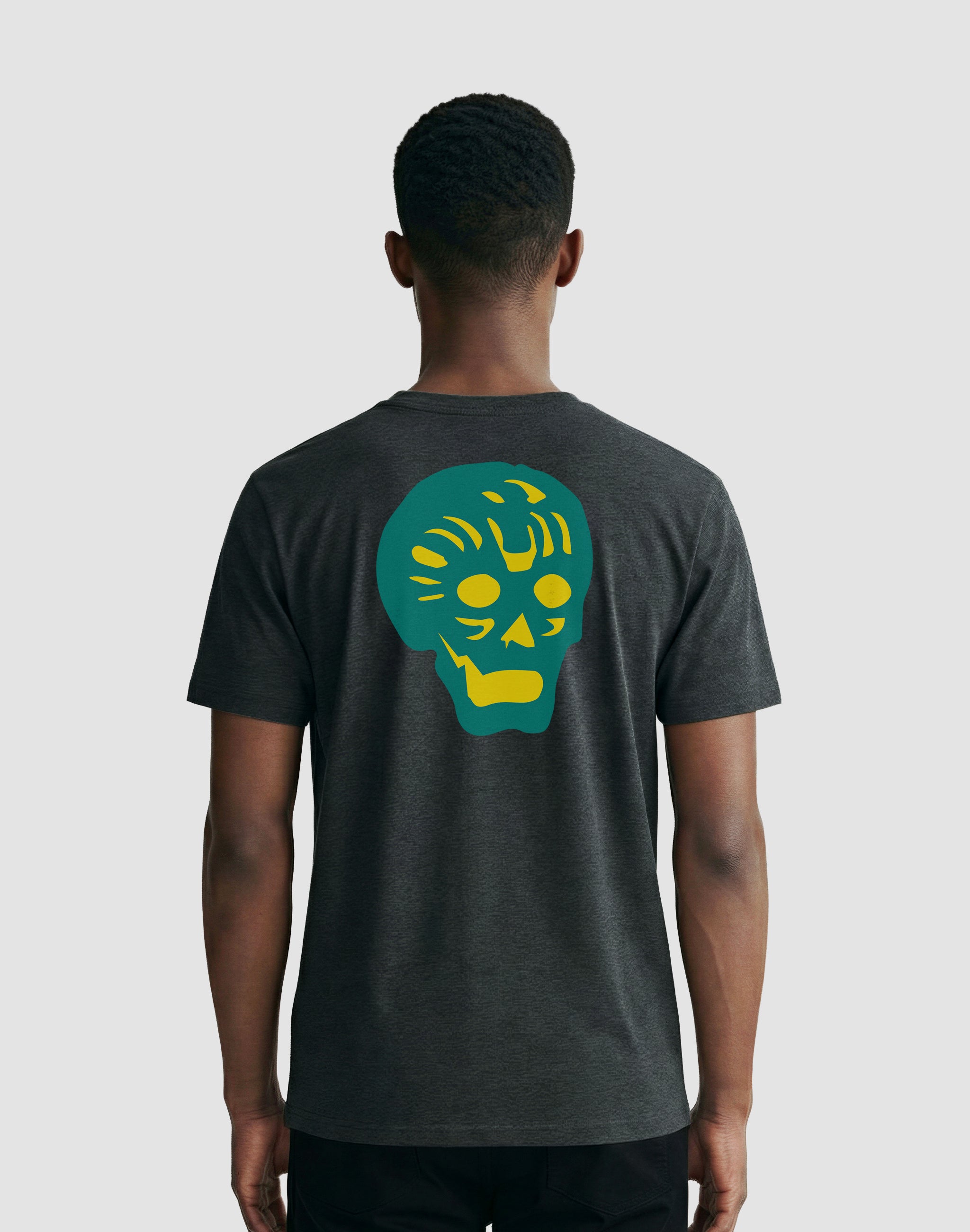 Breakpoint yellow and green back print T-shirt worn by male model — PERAMA Classics