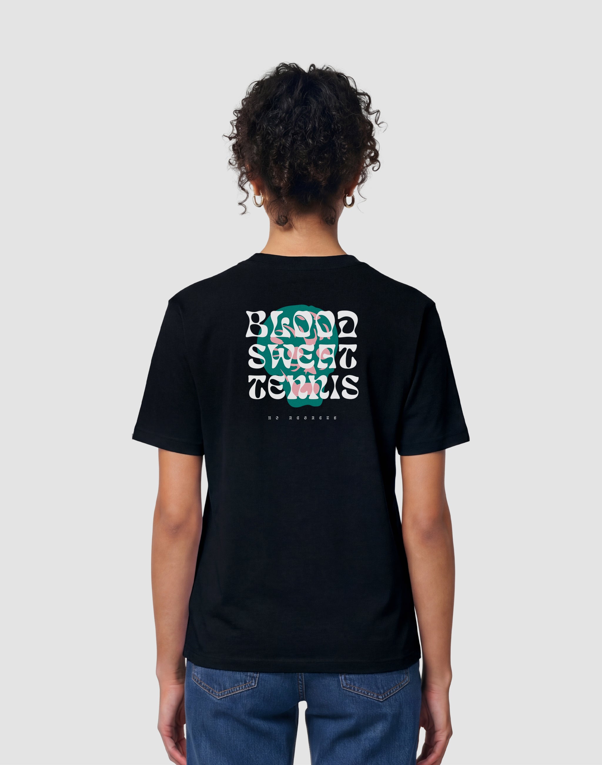 Blood Sweat Tennis no regrets back print worn by female model — PERAMA Classics