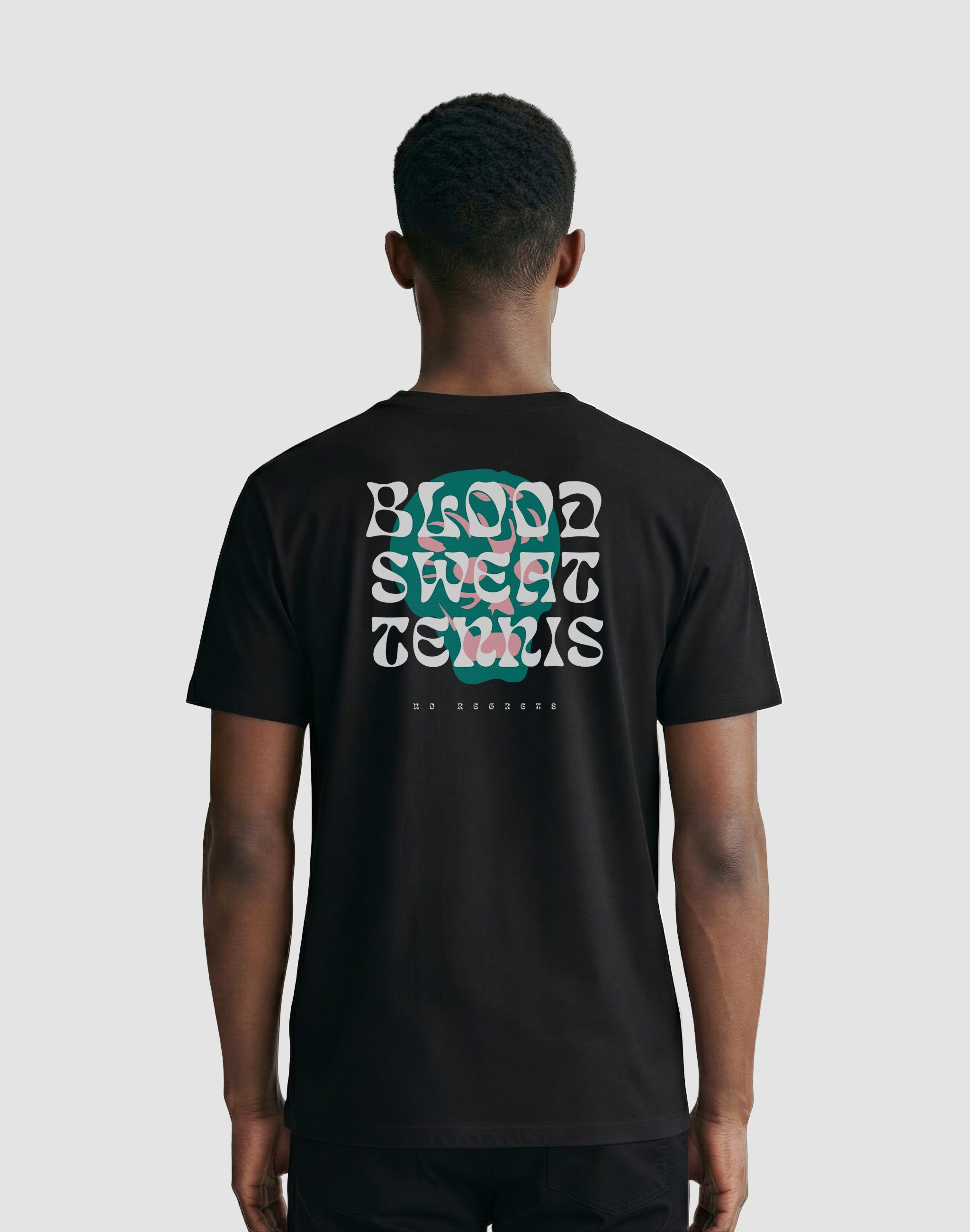 Blood Sweat Tennis no regrets back print worn by male model — PERAMA Classics