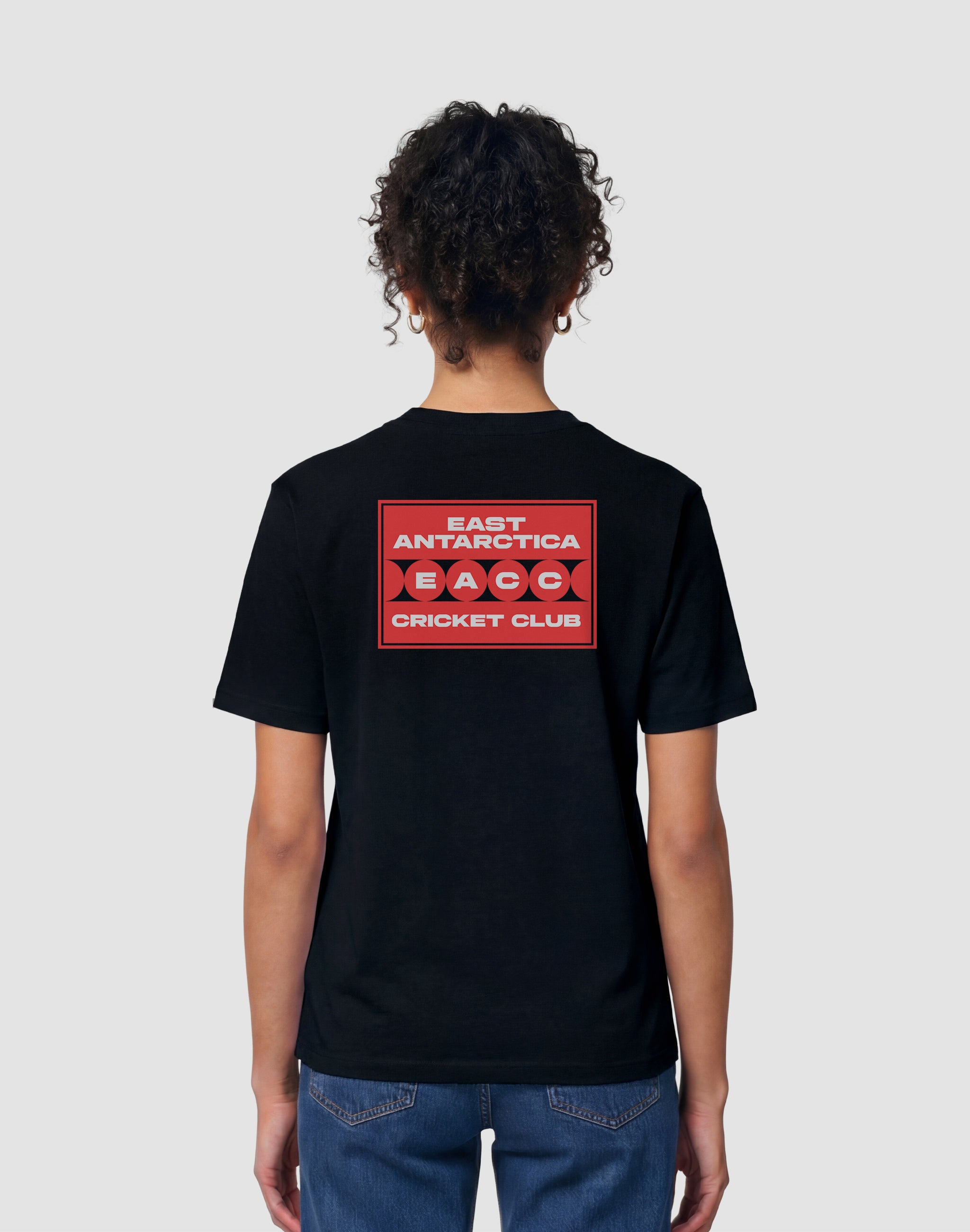 East Antarctica Cricket Club back print worn by female model — PERAMA Sport Federations