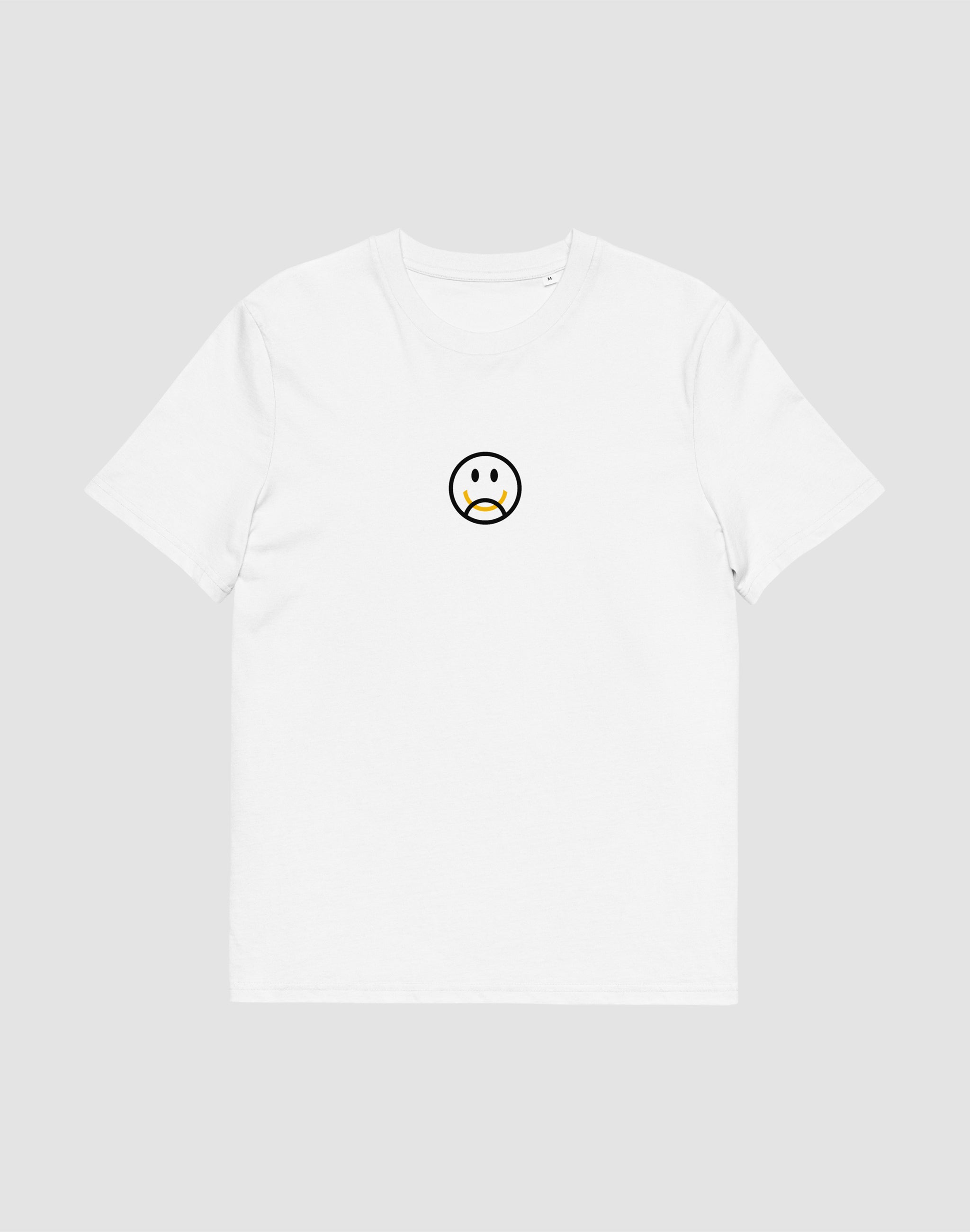 Happy Camper white t-shirt chest print happy unhappy smiley face — PERAMA Classics