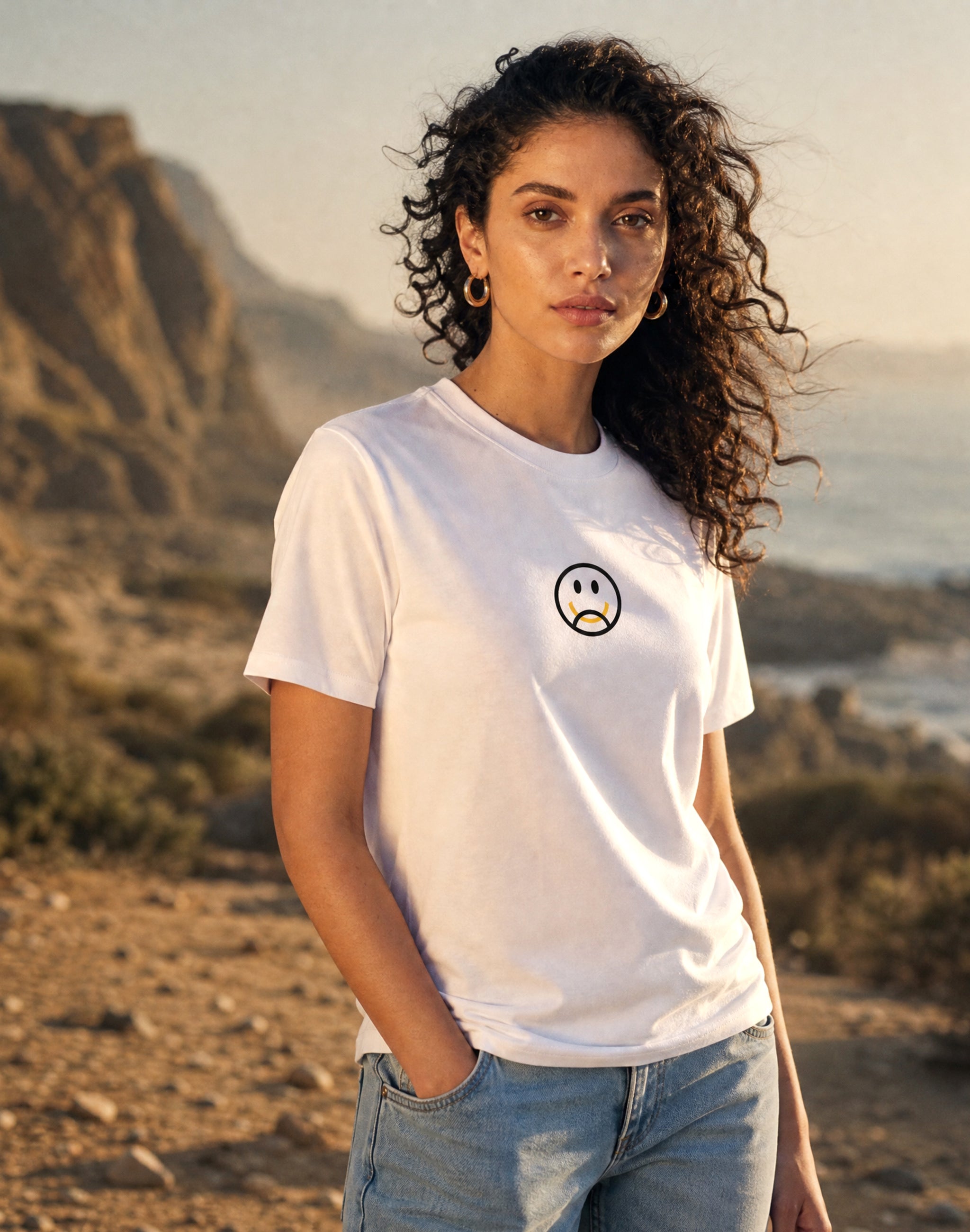 Happy Camper T-Shirt worn in red studio and movement — PERAMA Classics