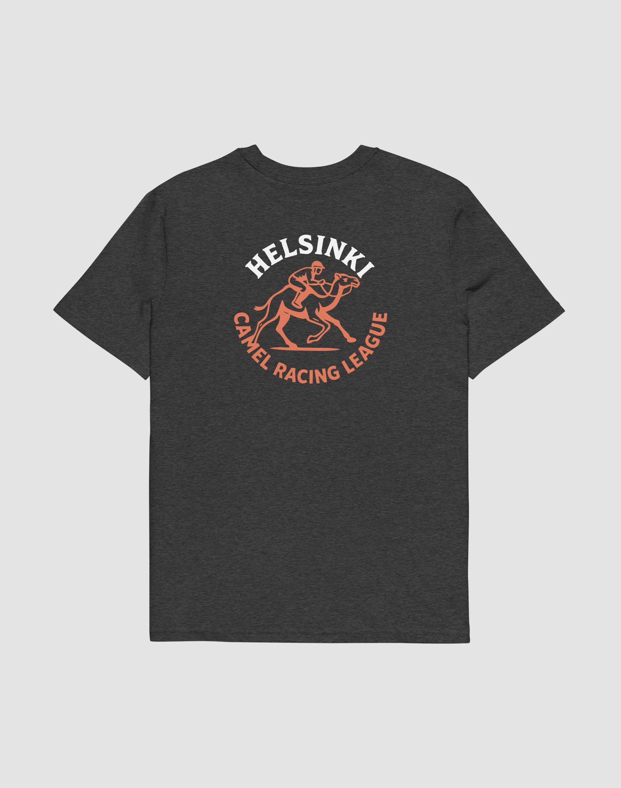 Helsinki Camel Racing League Heritage uniform dark heather grey t-shirt front and back print — PERAMA Sports Federation