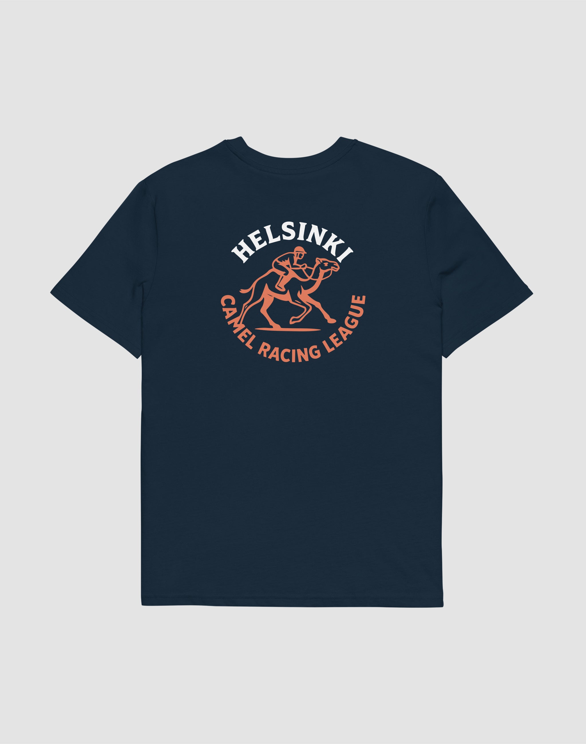 Helsinki Camel Racing League Heritage uniform navy t-shirt front and back print — PERAMA Sports Federation