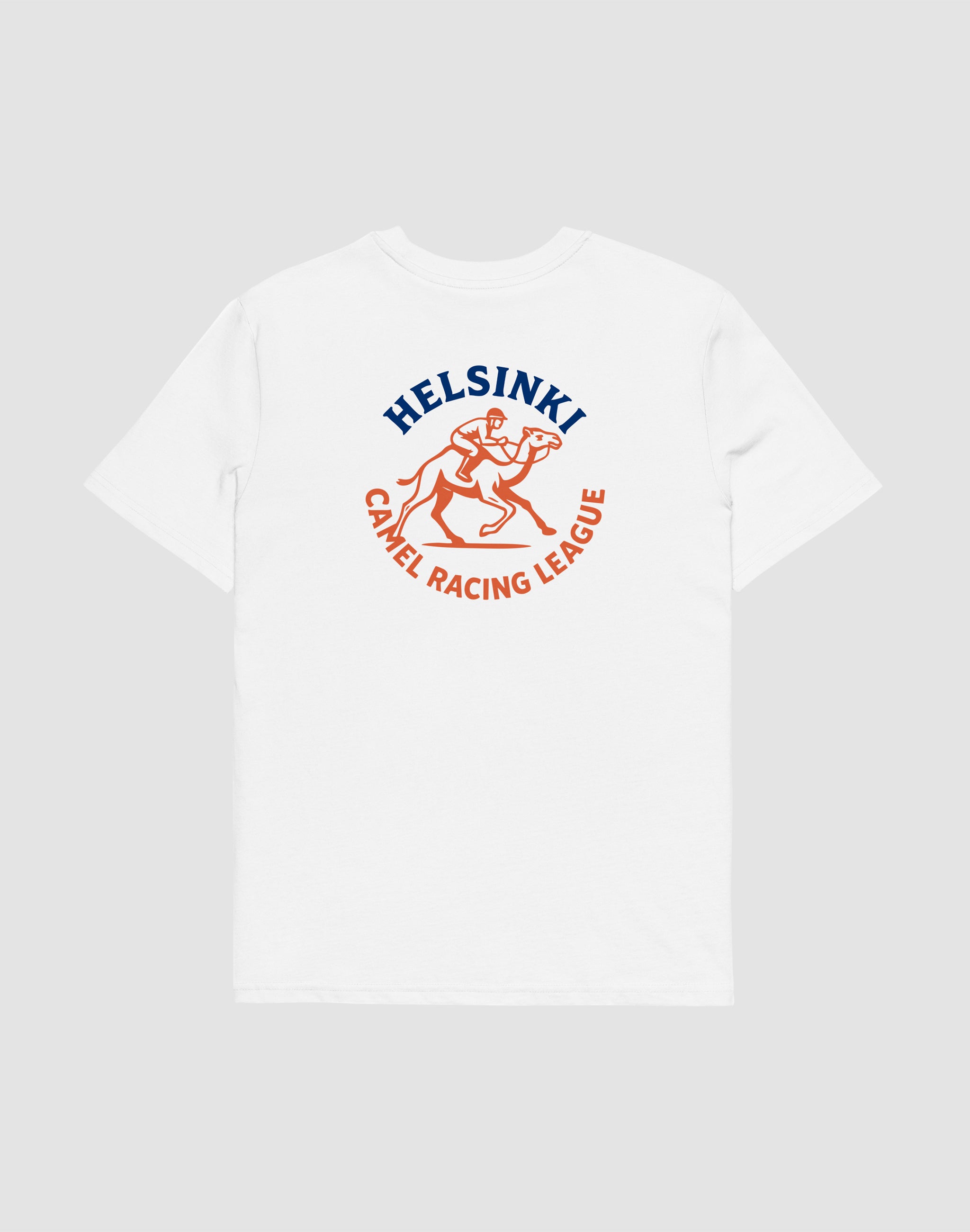 Helsinki Camel Racing League Heritage uniform white t-shirt front and back print — PERAMA Sports Federation