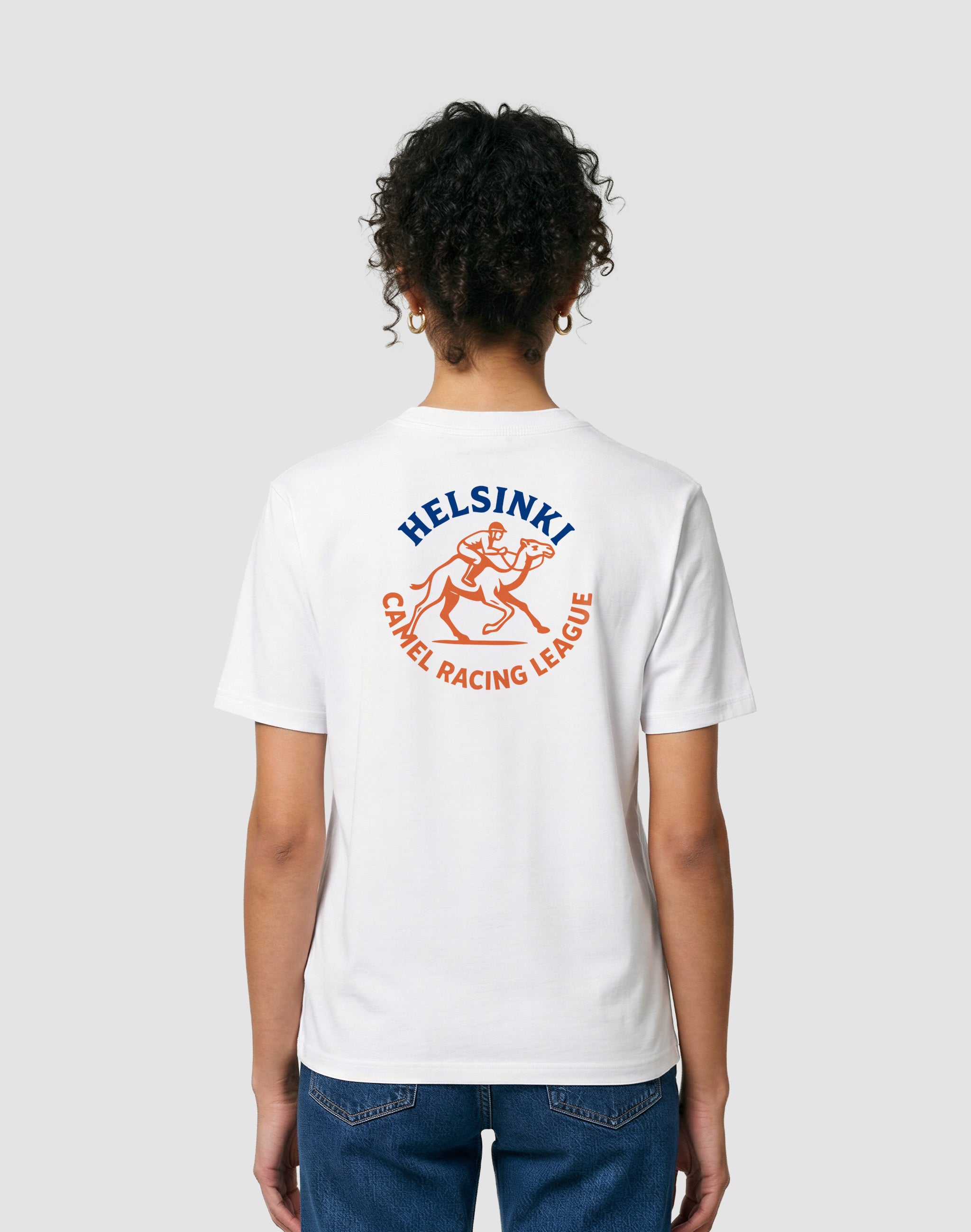 Helsinki Camel Racing League Heritage t-shirt back print worn by female model — PERAMA Sports Federation