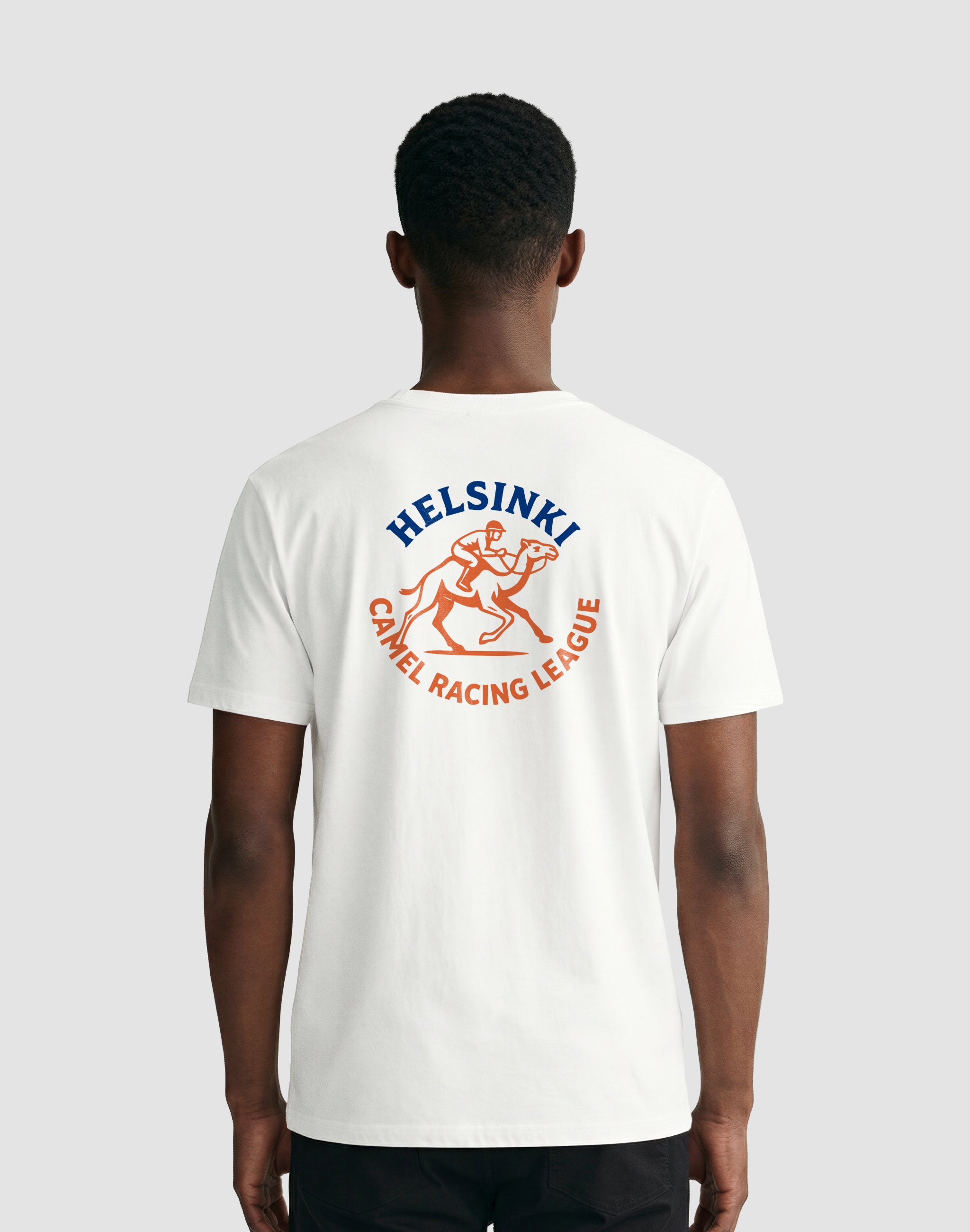 Helsinki Camel Racing League Heritage t-shirt back print worn by male model — PERAMA Sports Federation