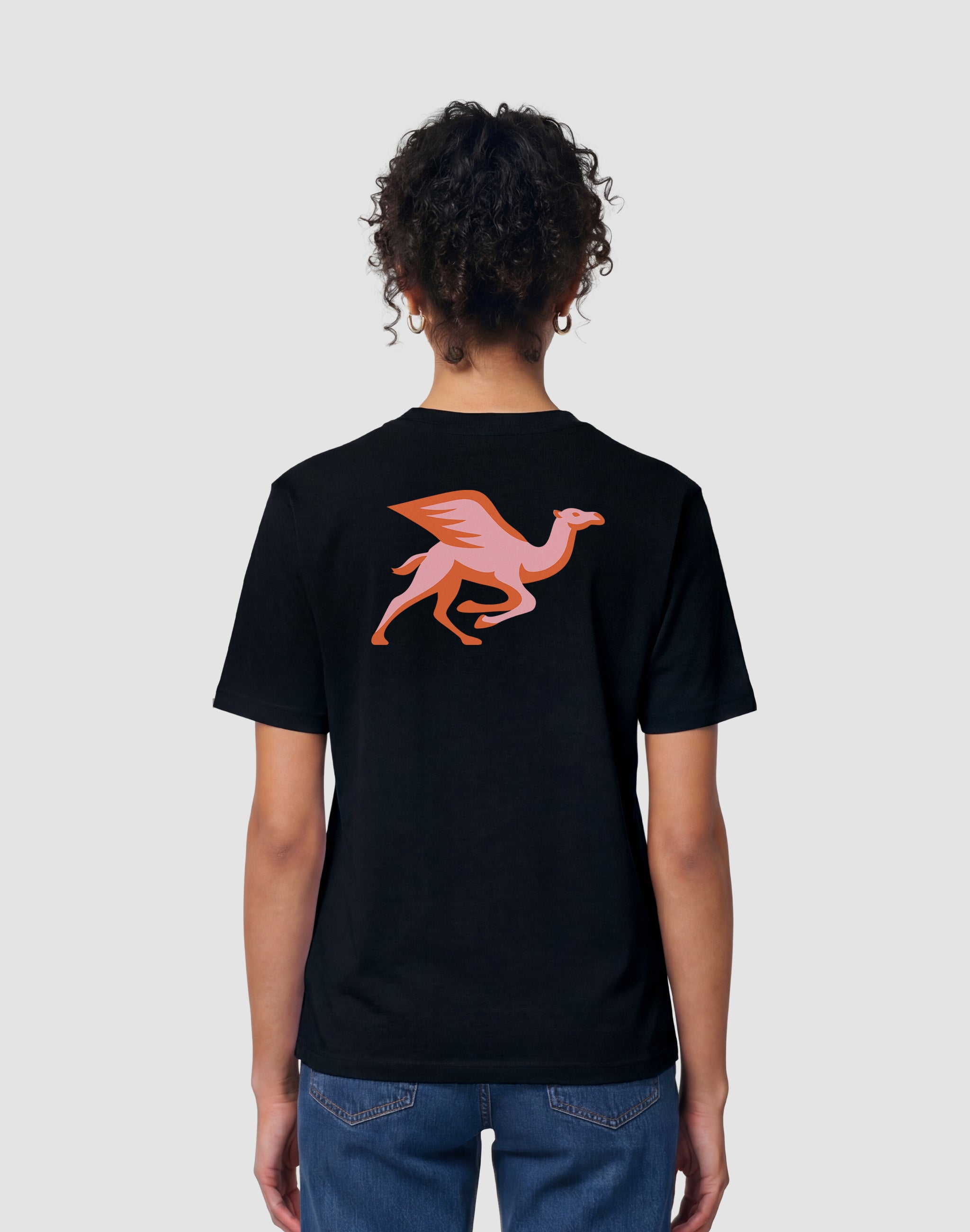Helsinki Camel Racing League Crest black t-shirt back print worn by female model — PERAMA Sports Federation