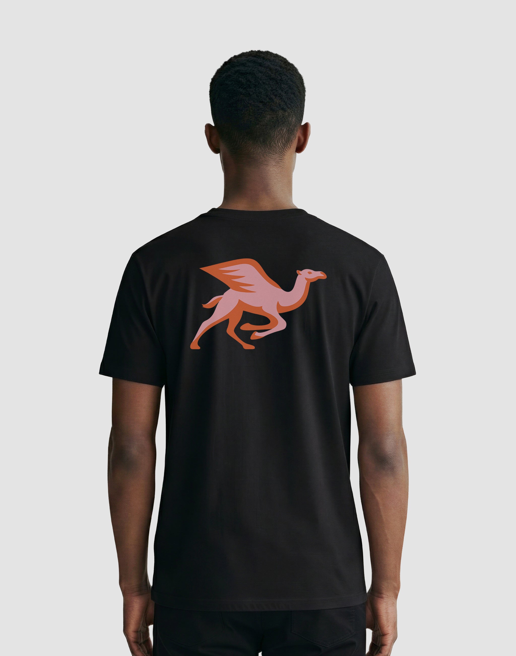 Helsinki Camel Racing League Crest black t-shirt back print worn by male model — PERAMA Sports Federation