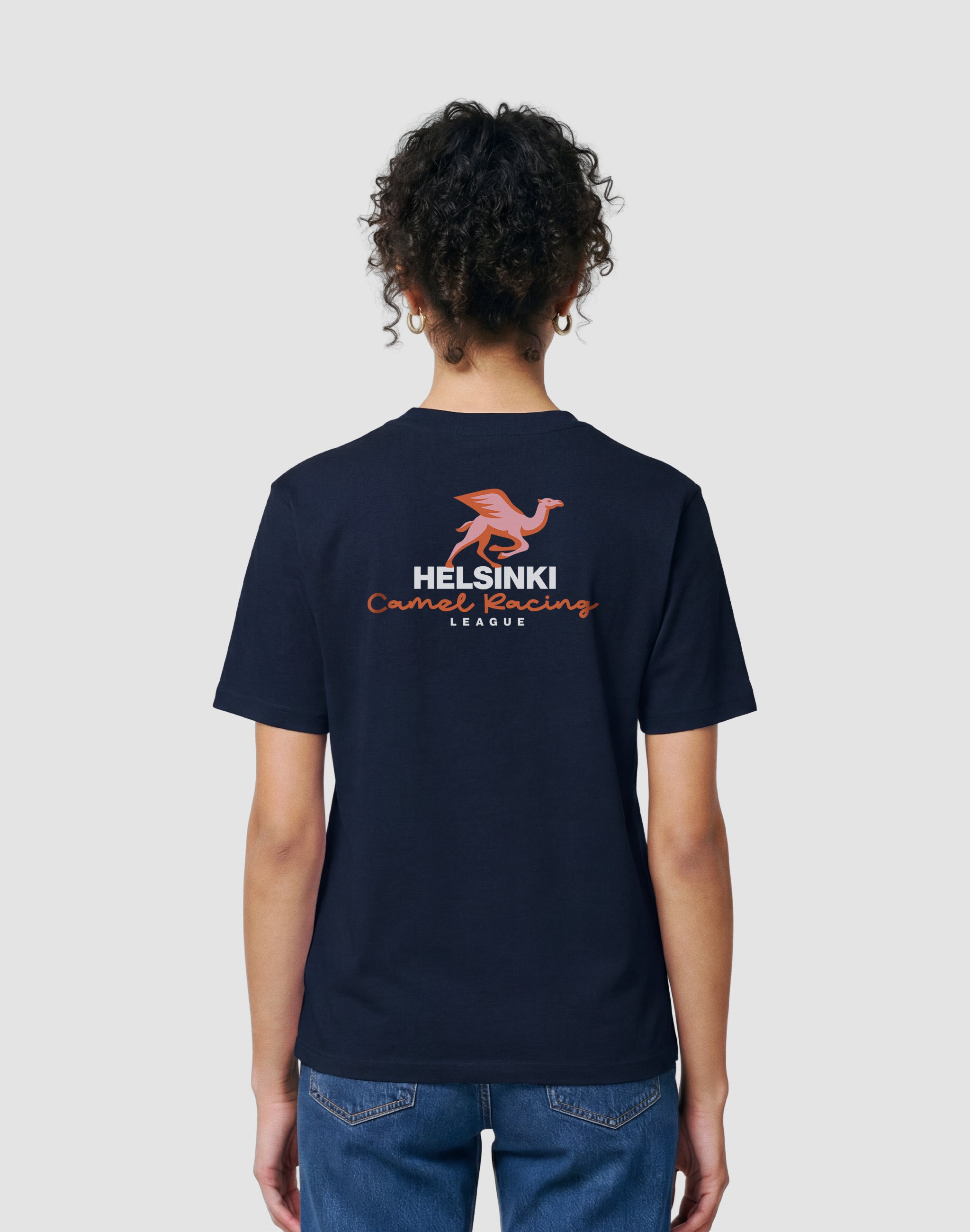 Helsinki Camel Racing League navy t-shirt back print worn by female model — PERAMA Sports Federation