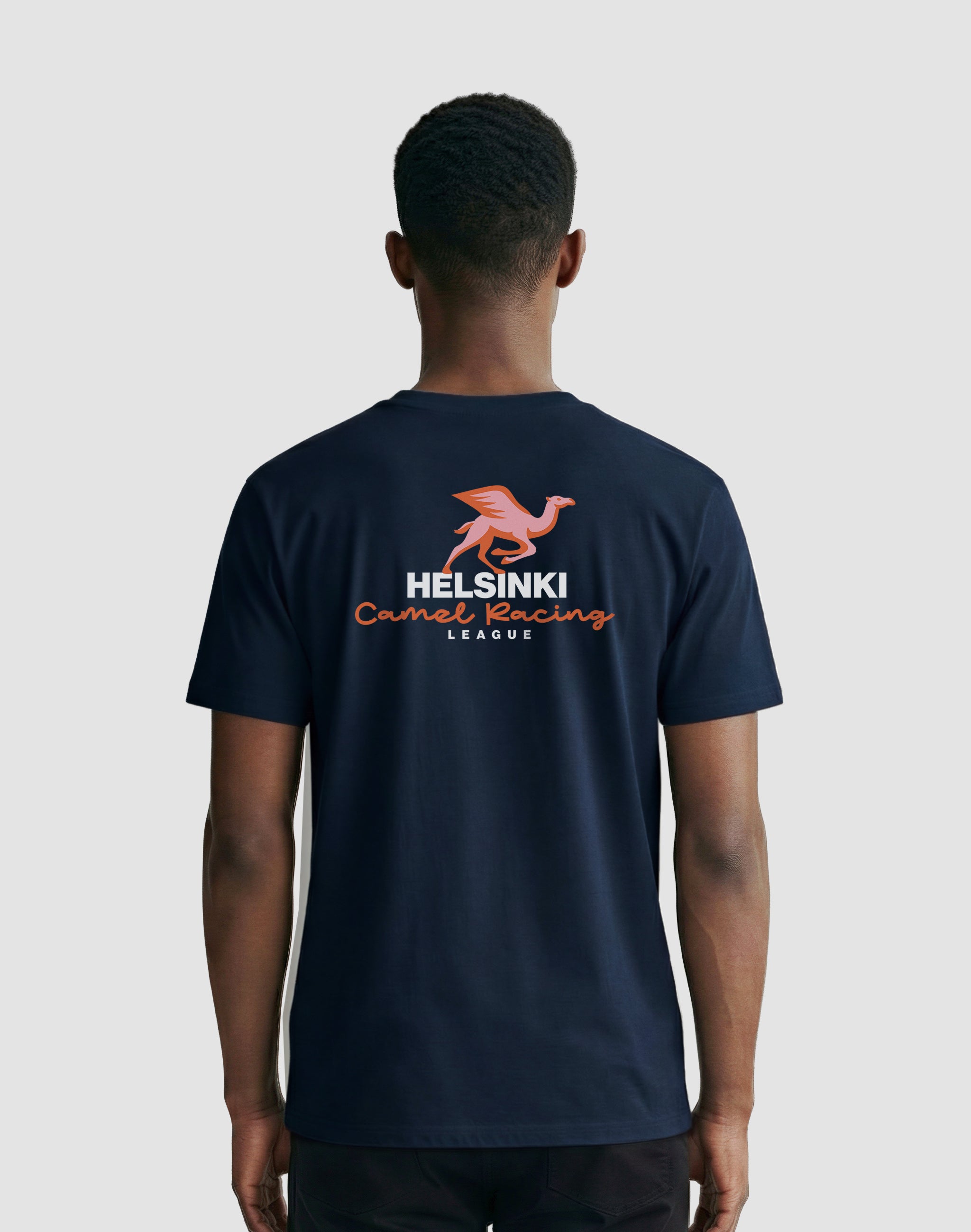 Helsinki Camel Racing League navy t-shirt back print worn by male model — PERAMA Sports Federation
