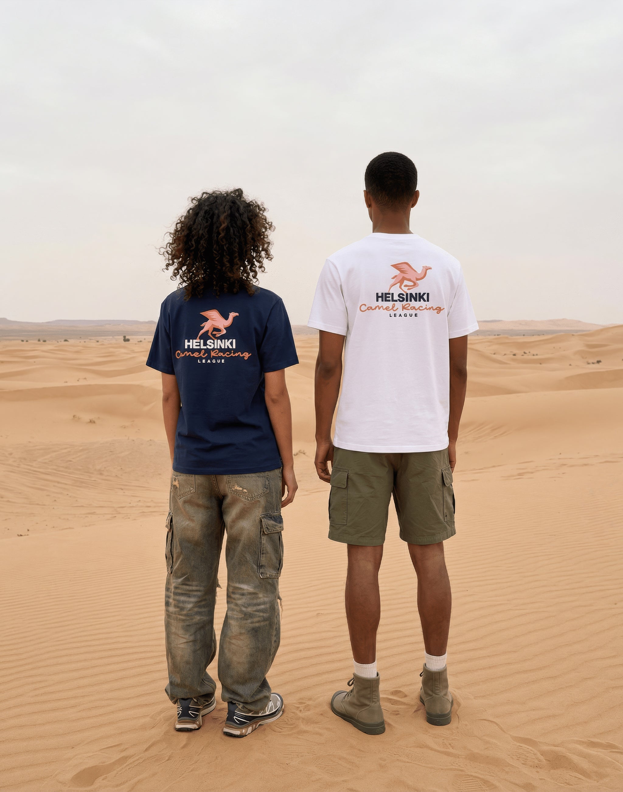 Helsinki Camel Racing League t-shirt worn in the desert — PERAMA Federation