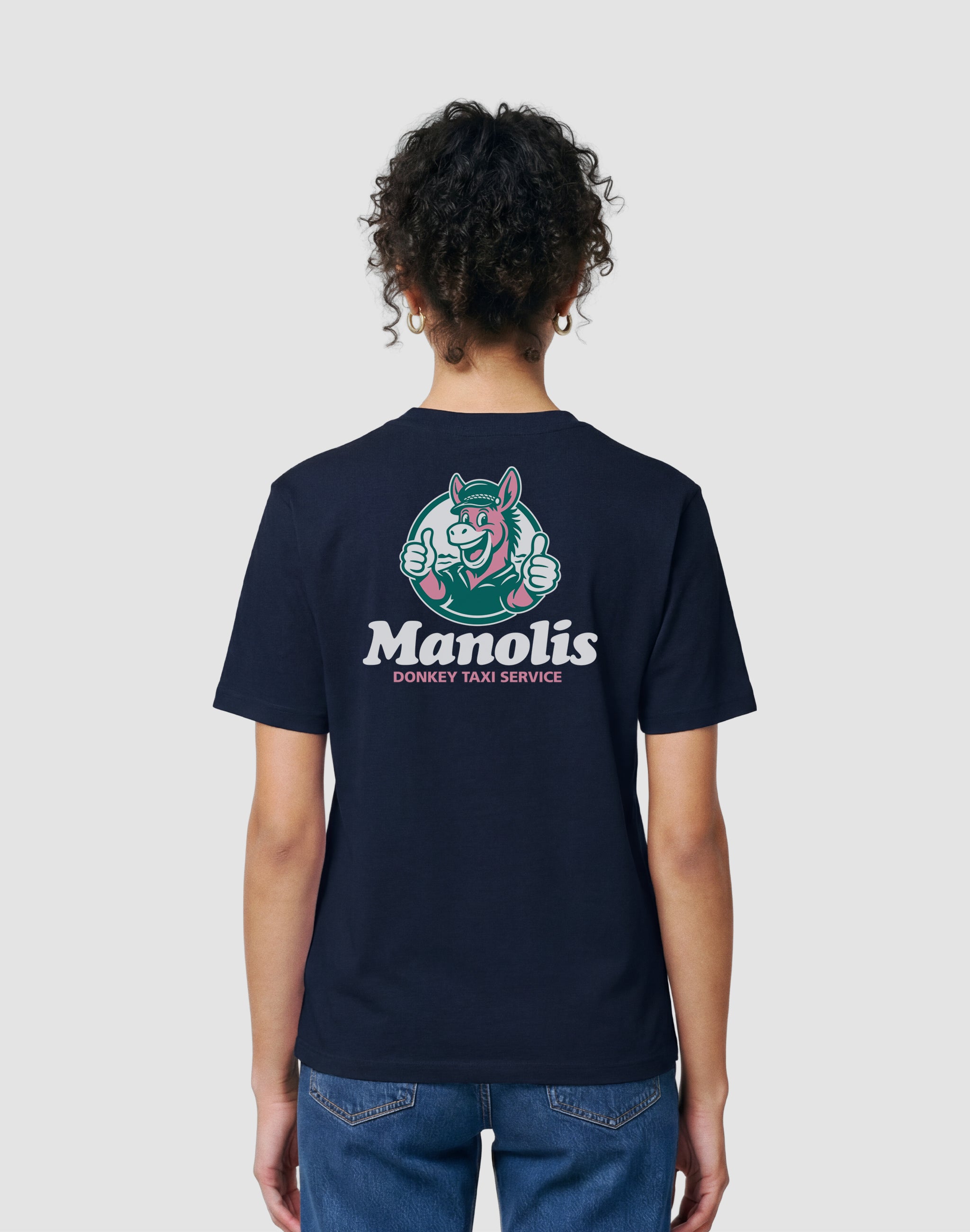 Manolis Donkey Taxi Service Club french navy T-shirt worn by female model — PERAMA Sponsors