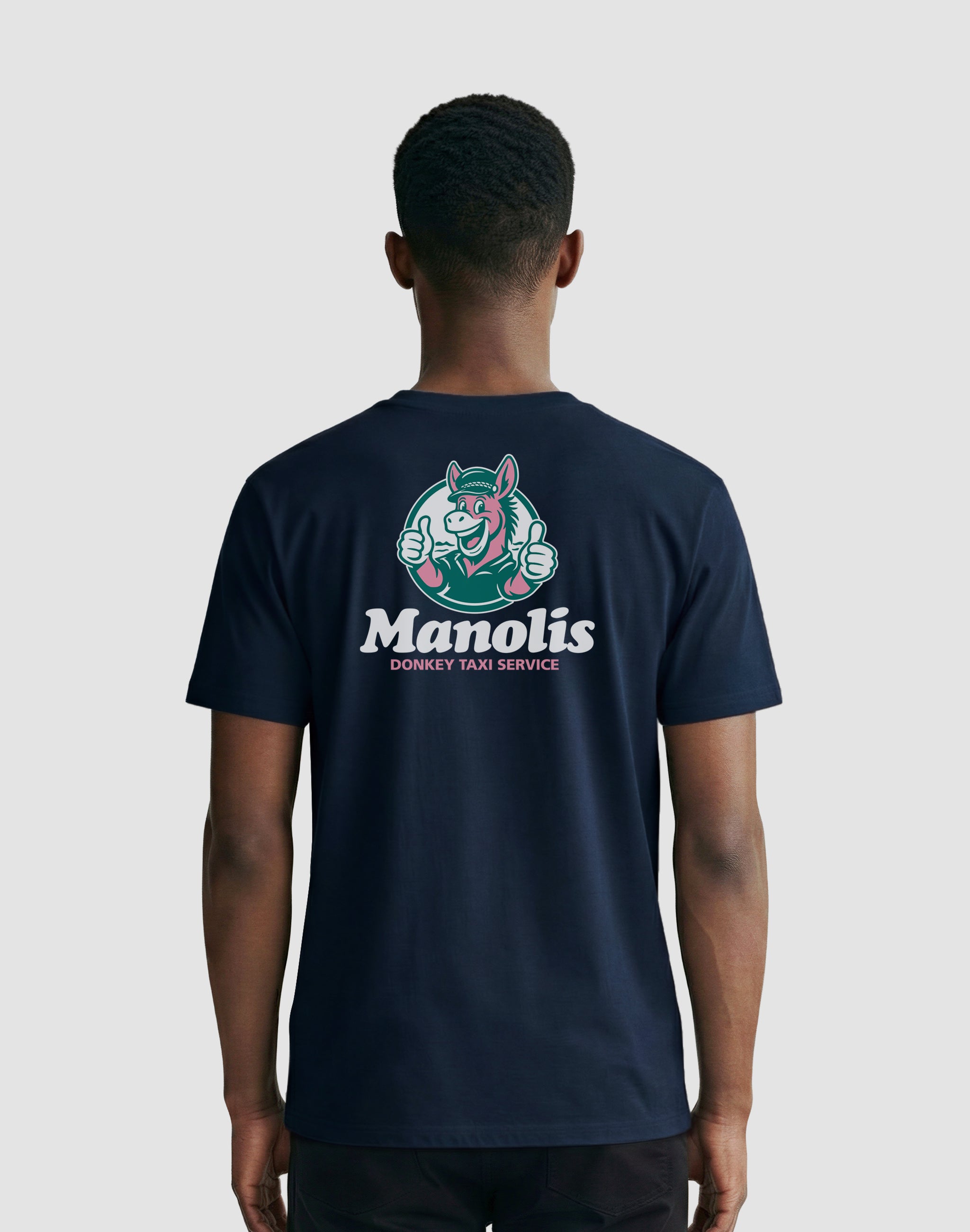 Manolis Donkey Taxi Service Club french navy T-shirt worn by male model — PERAMA Sponsors