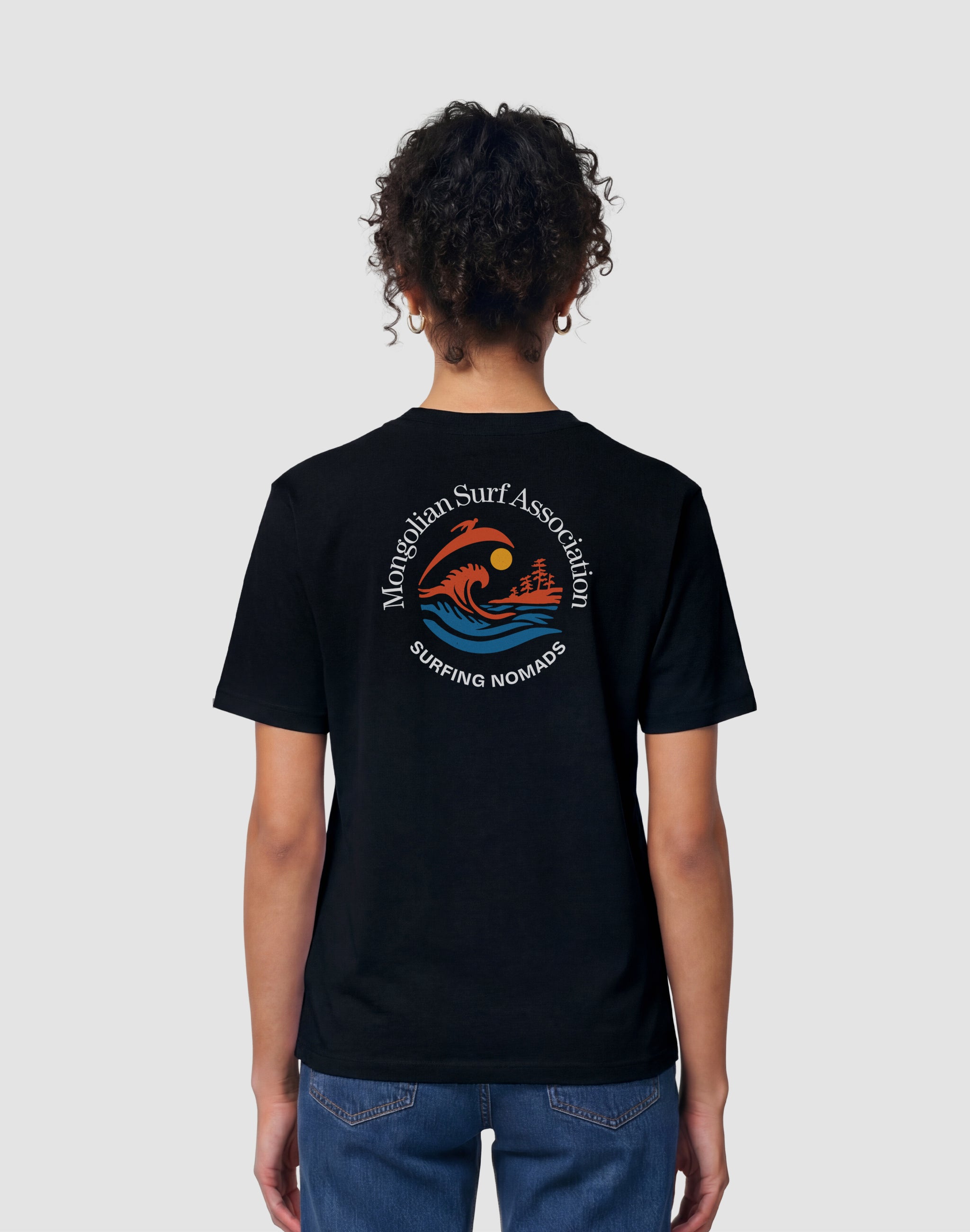 Mongolian Surf Association black t-shirt back print worn by female model — PERAMA Sports Federation