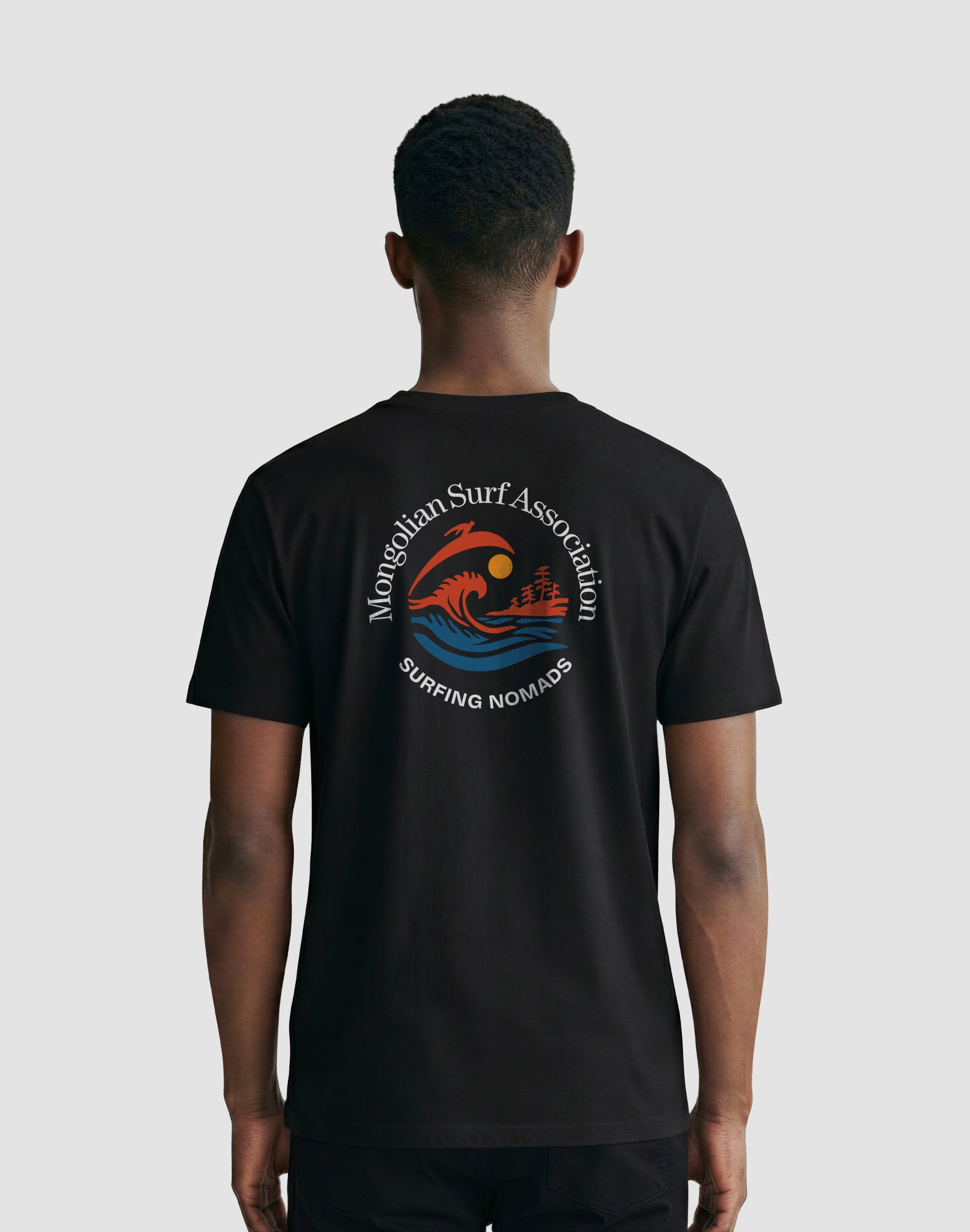 Mongolian Surf Association black t-shirt back print worn by male model — PERAMA Sports Federation