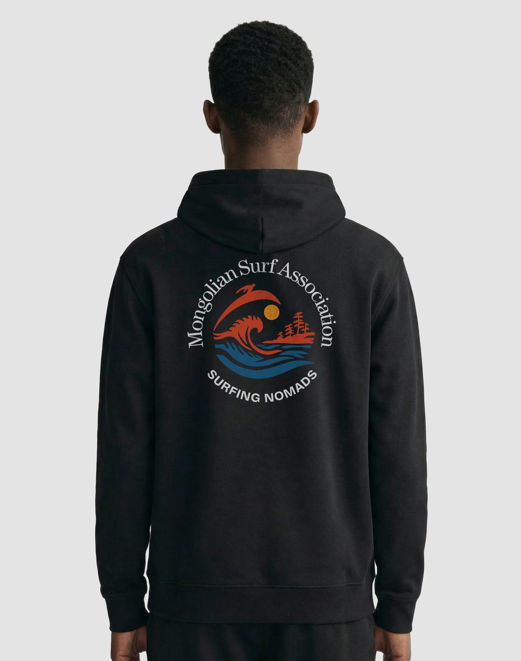 Mongolian Surf Association black hoodie back print worn by male model — PERAMA sports Federation