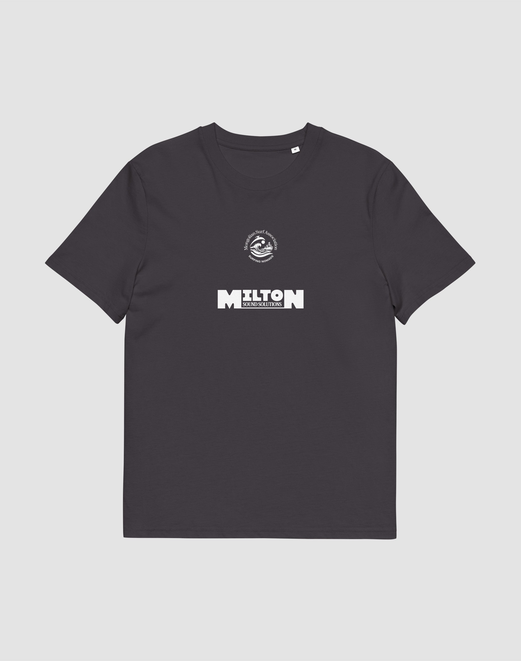 Mongolian Surf Association anthracite tournament t-shirt front, Milton Sound Solutions sponsor — PERAMA Federations