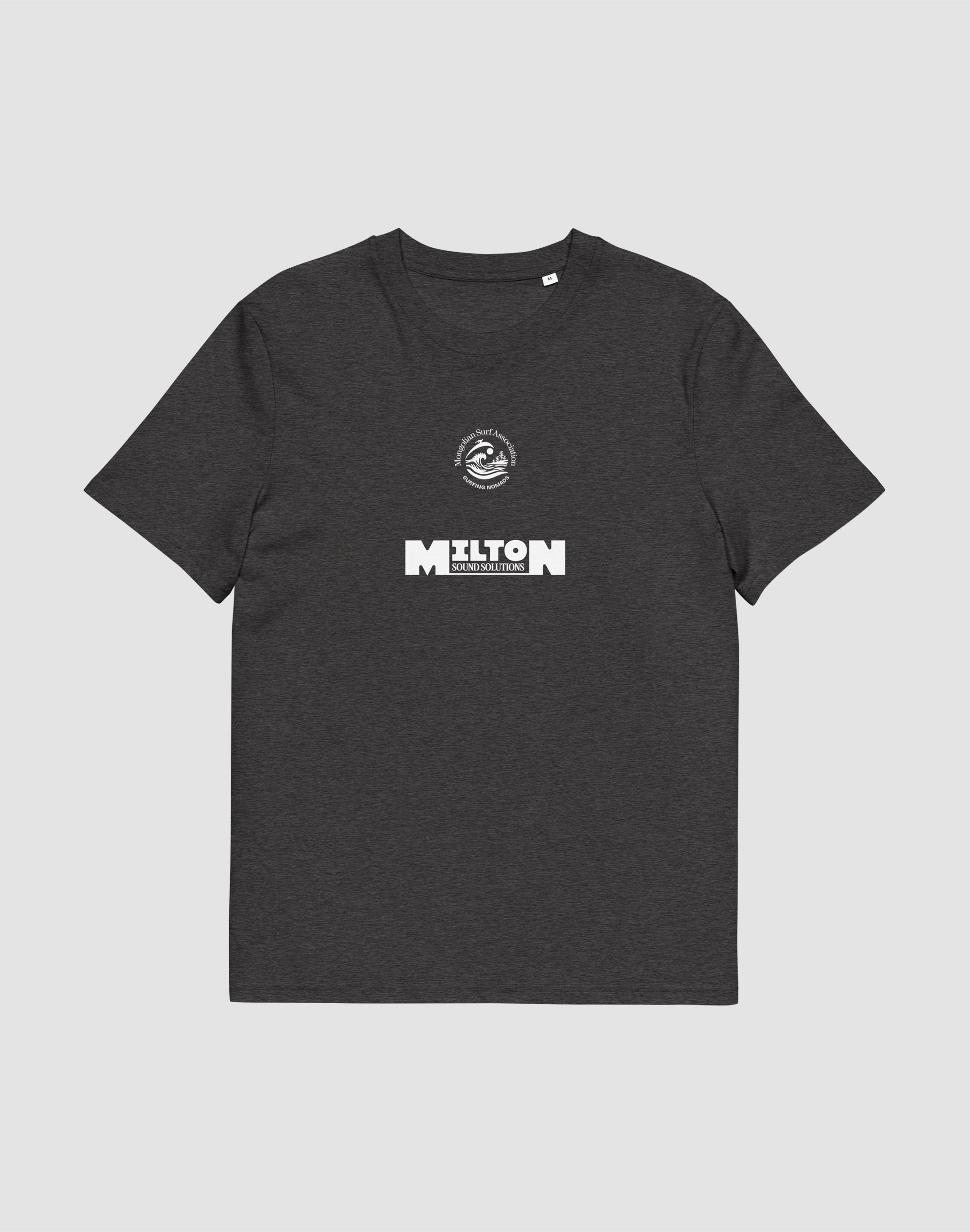 Mongolian Surf Association dark heather grey tournament t-shirt front, Milton Sound Solutions sponsor — PERAMA Federations