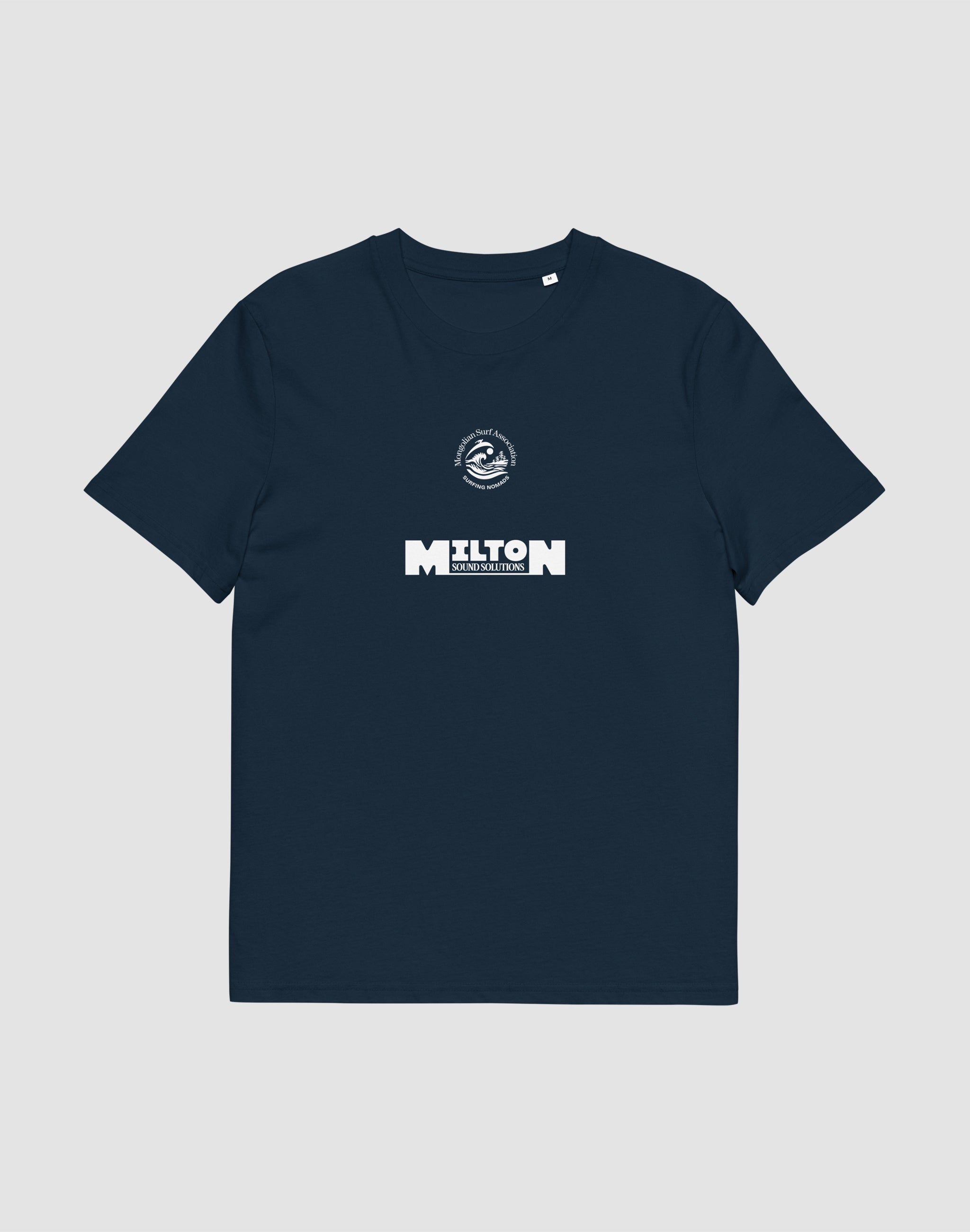 Mongolian Surf Association french navy tournament t-shirt front, Milton Sound Solutions sponsor — PERAMA Federations