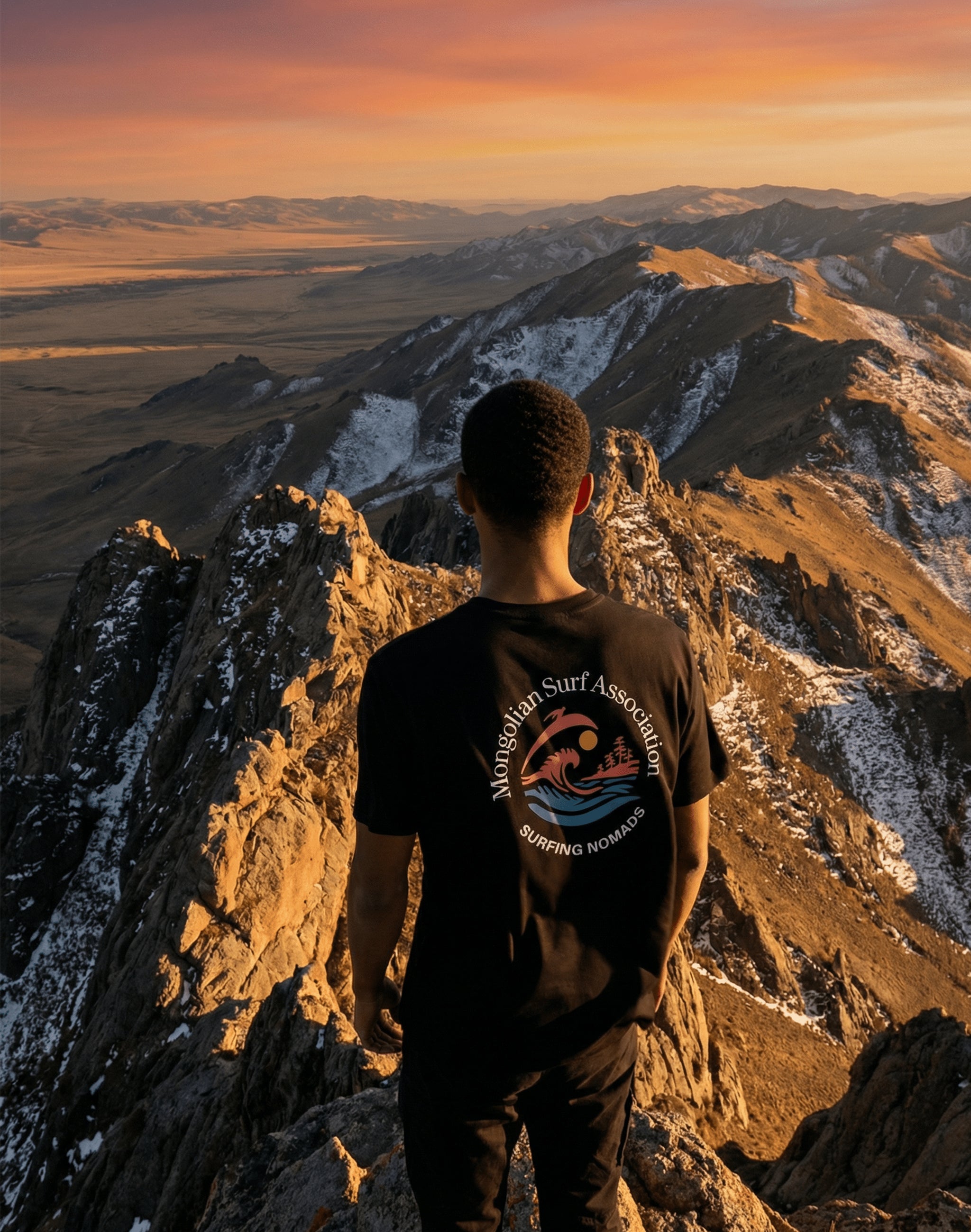 Mongolian Surf Association t-shirt worn on mountain summit at sunset — PERAMA Federation