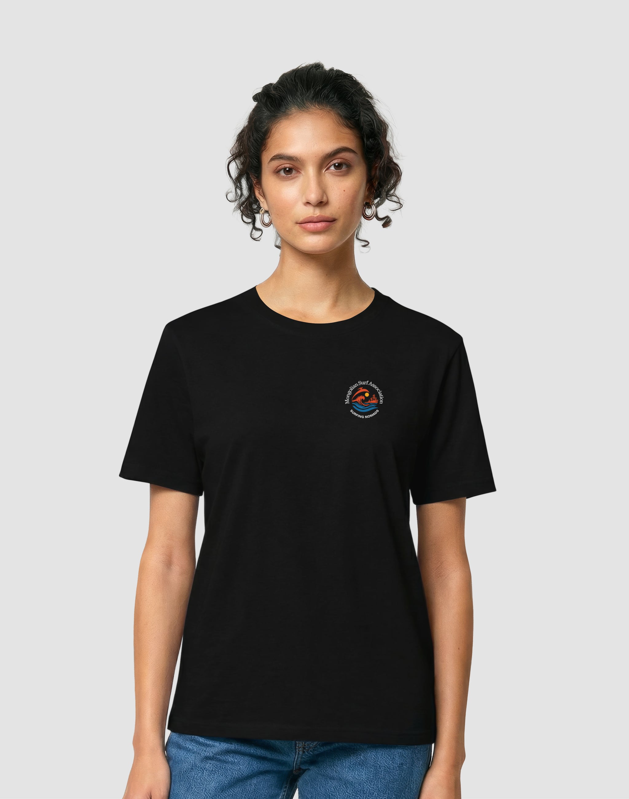Mongolian Surf Association uniform female model wearing black t-shirt back print — PERAMA Sports Federation