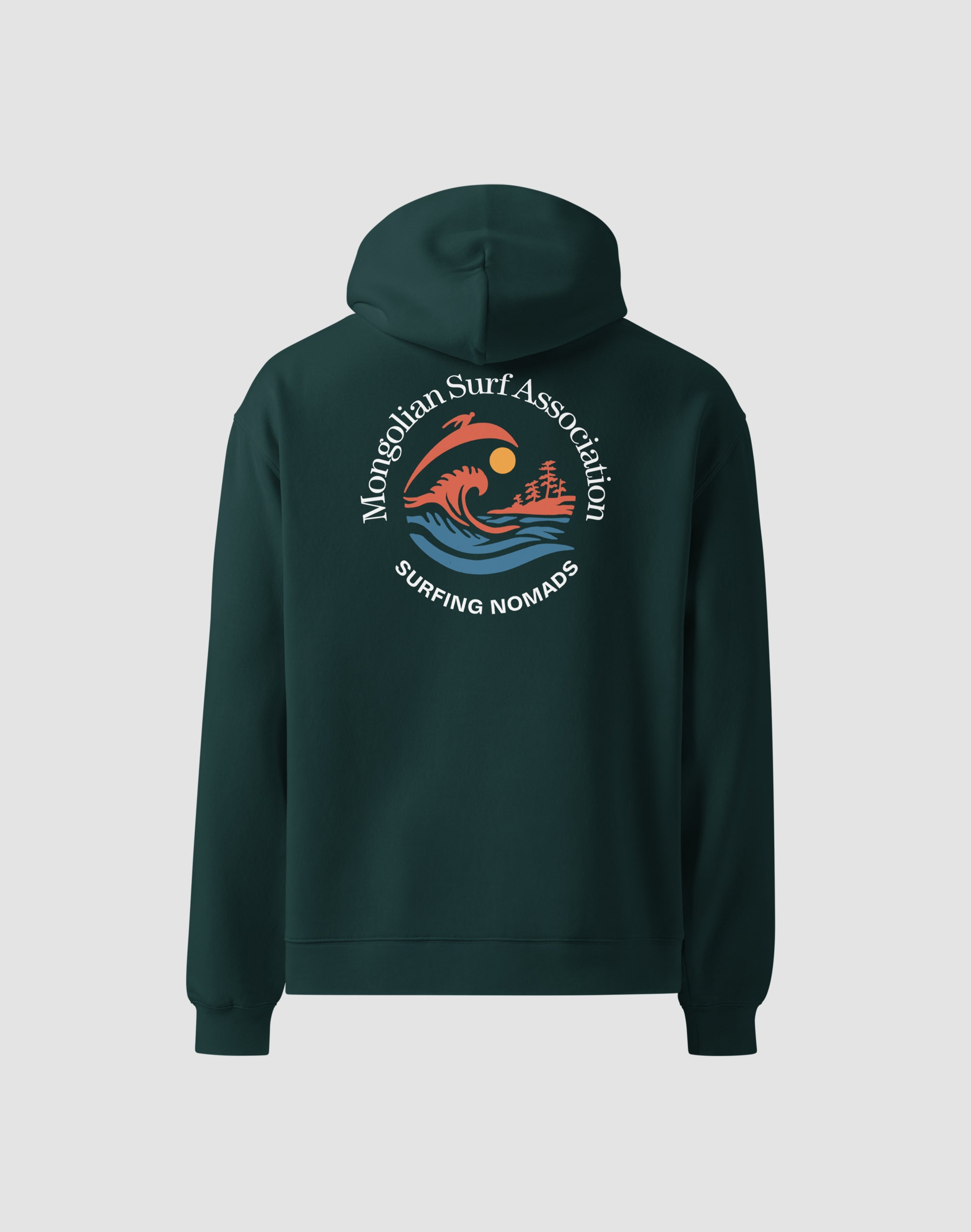 Mongolian Surf Association pine green hoodie back print — PERAMA Sports Federation