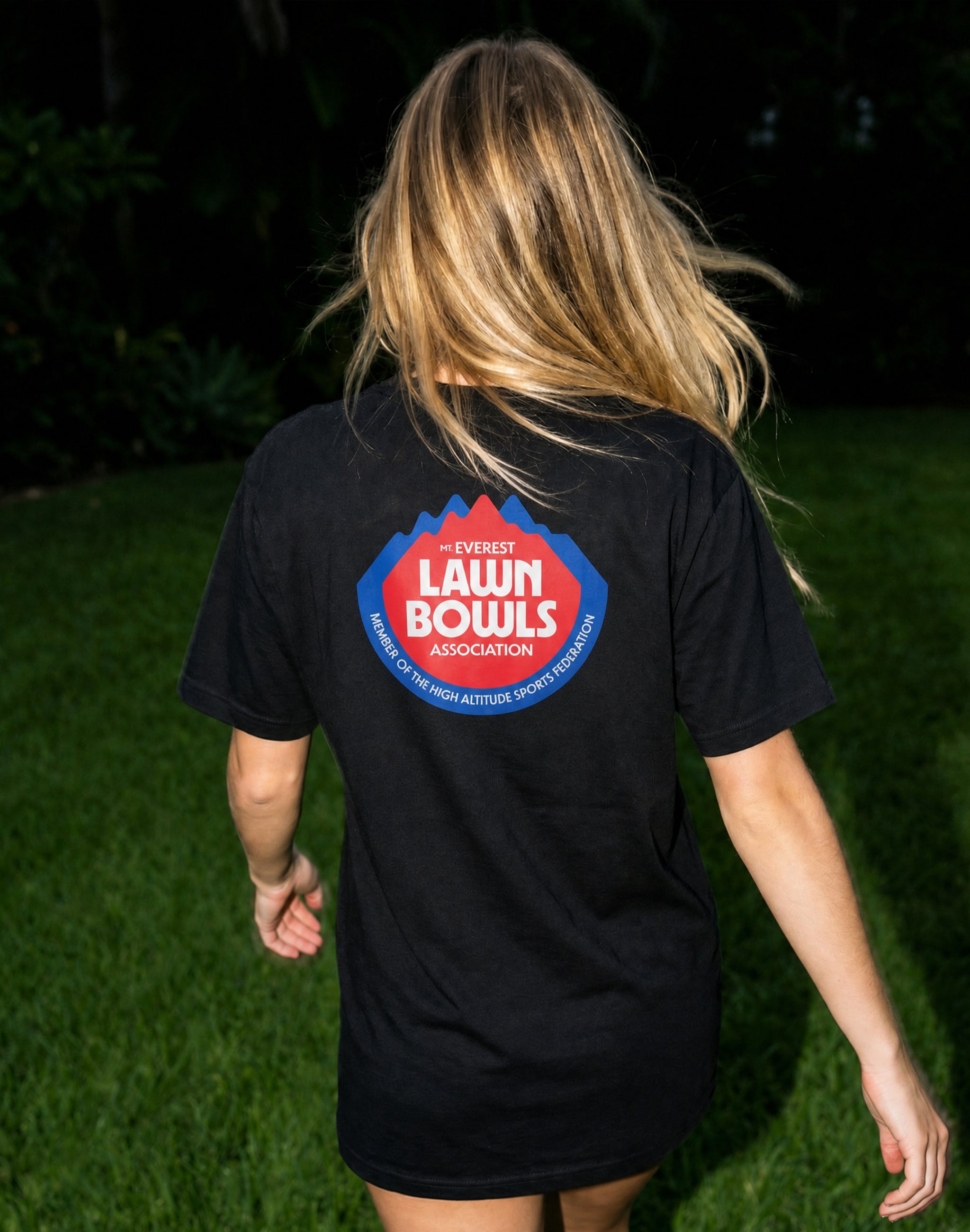 Mt Everest Lawn Bowls Association club T-Shirt black back print flash photography at a lawn bowls club— PERAMA Federations