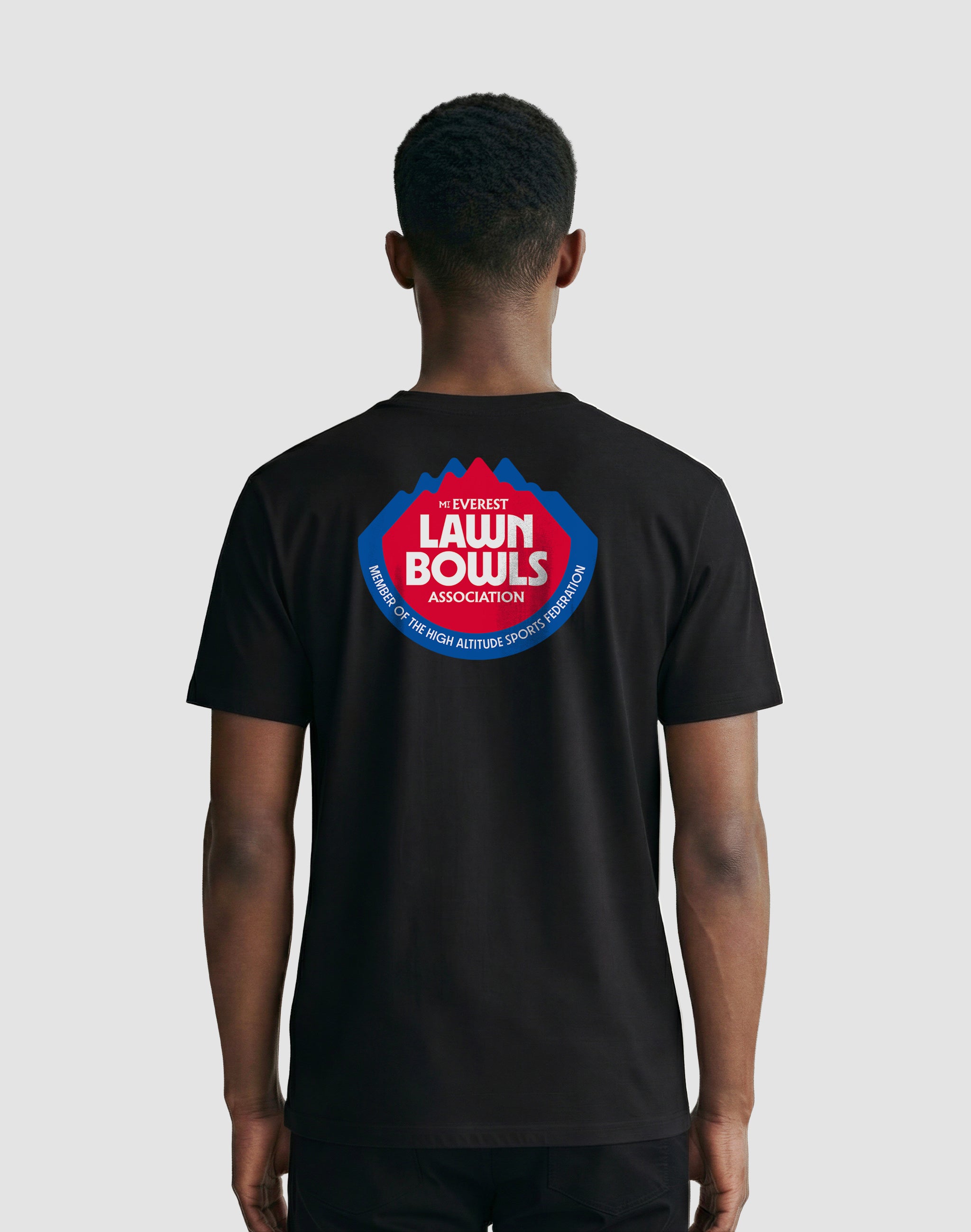 Mt Everest Lawn Bowls Association club T-Shirt black back print worn by male model — PERAMA Federations