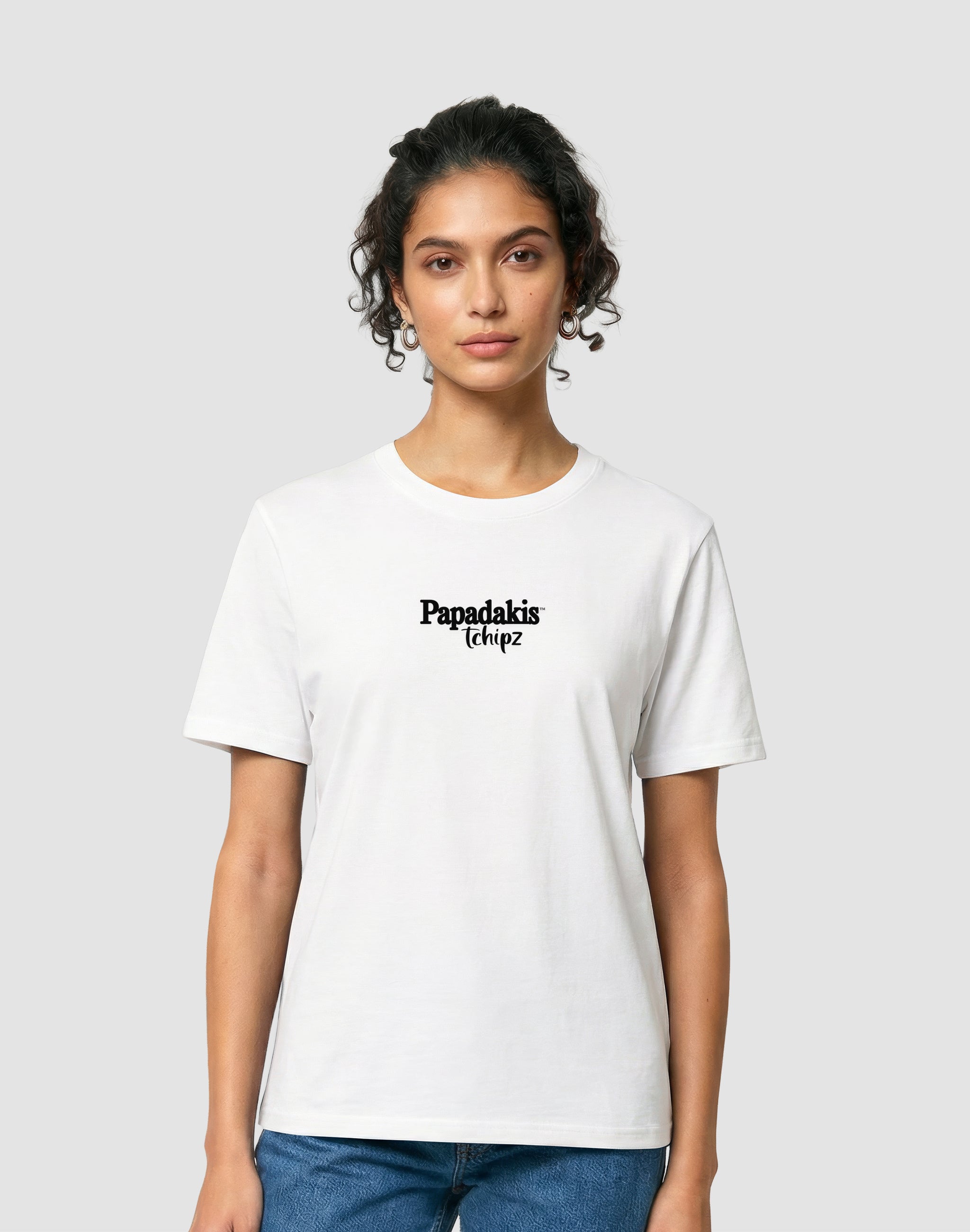 Papadakis Tchipz T-Shirt white middle chest print sponsor worn by female model— PERAMA Sponsors
