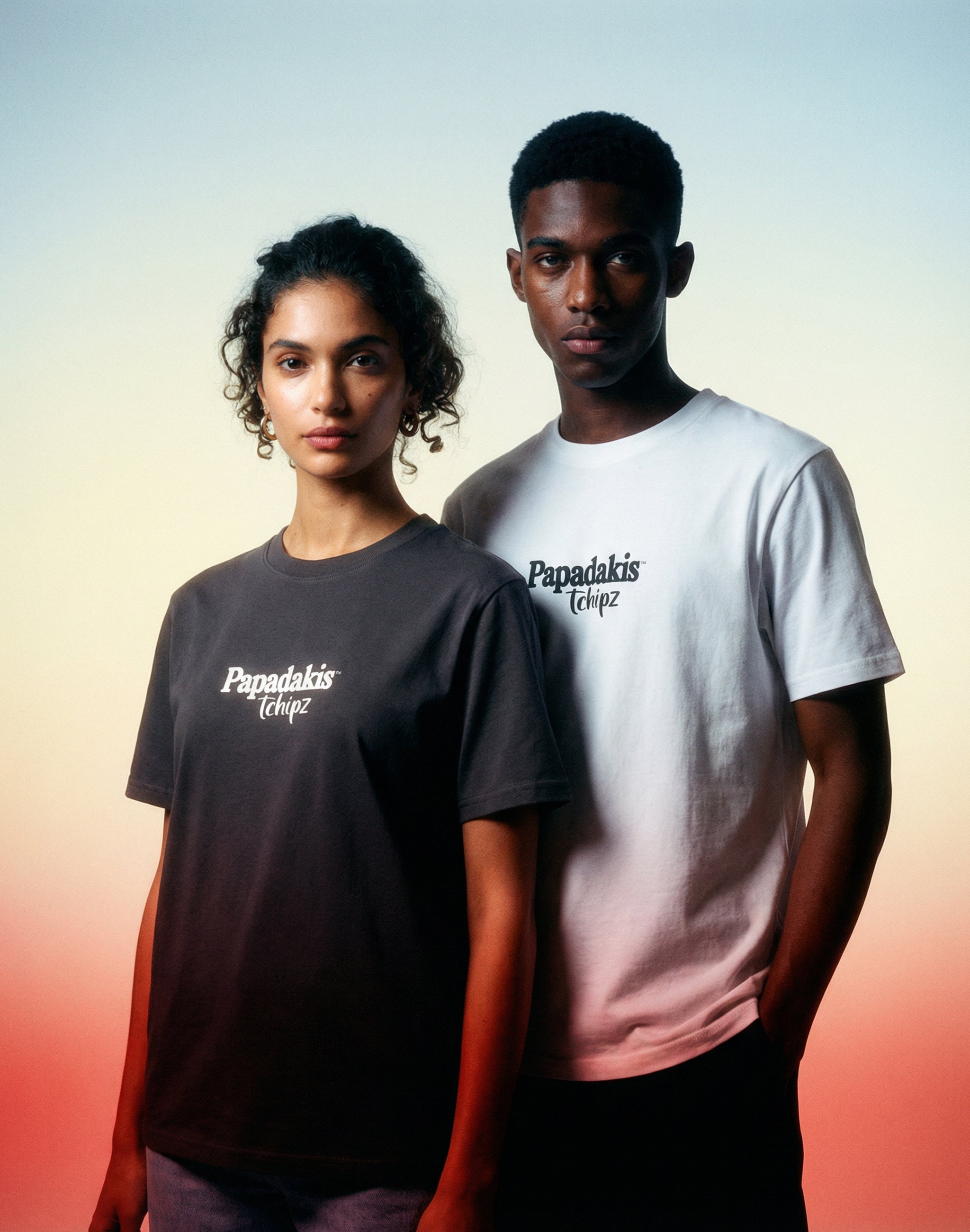 Papadakis Tchipz T-Shirt white middle chest print sponsor studio shot male and female model horizon studio — PERAMA Sponsors